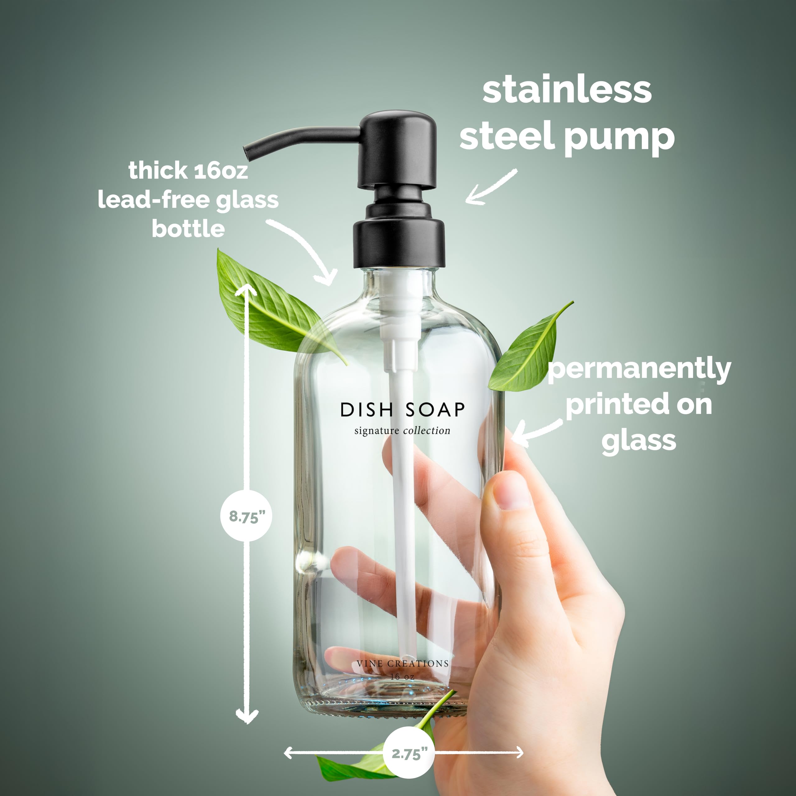 Vine Creations Dispenser di sapone in vetro trasparente, set di dispenser di sapone e sapone per le mani con pompa in acciaio inox, dispenser in vetro da 16 once per decorazione cucina e bagno