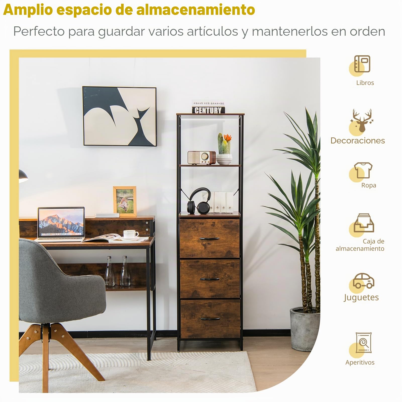 HOMASIS Estantería con 3 cajones y 3 estantes abierto, estantería vertical de madera con marco de acero y dispositivo antivuelco, librería de esquina para salón, estudio, oficina, 43x39x156 cm, marrón