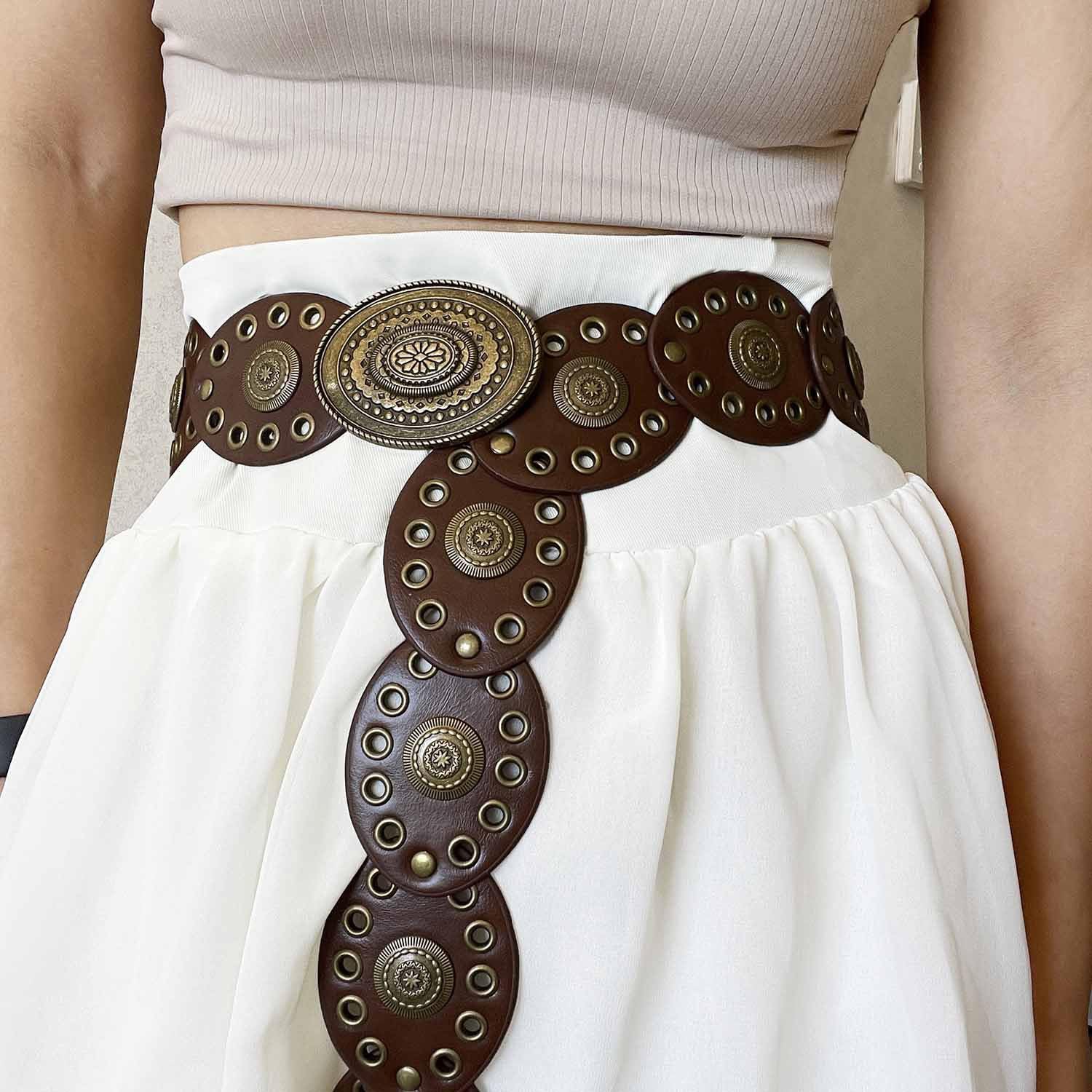 Wide Western Cowboy Disc Belt for Woman Concho PU Leather Belts for Ladies Boho Country Waist Belts for Dress Jeans - Image 5