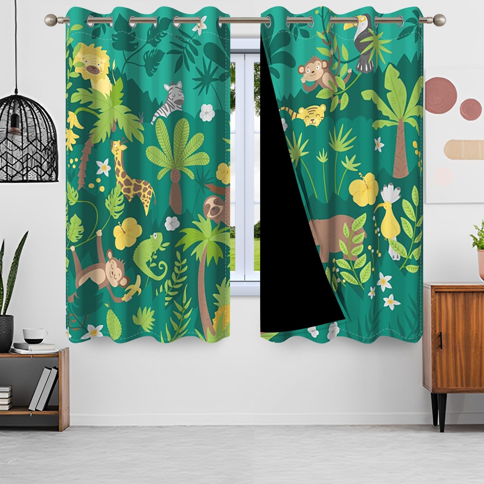 135x229cm Cartoon Tiere Ösenvorhang für Kinderzimmer Grüner Wald Tropisch Bunt Niedlich Zoo Ösenvorhänge Verdunkelungsvorhänge Fenstervorhänge für Jungenzimmer Wohnzimmer,2 paneel