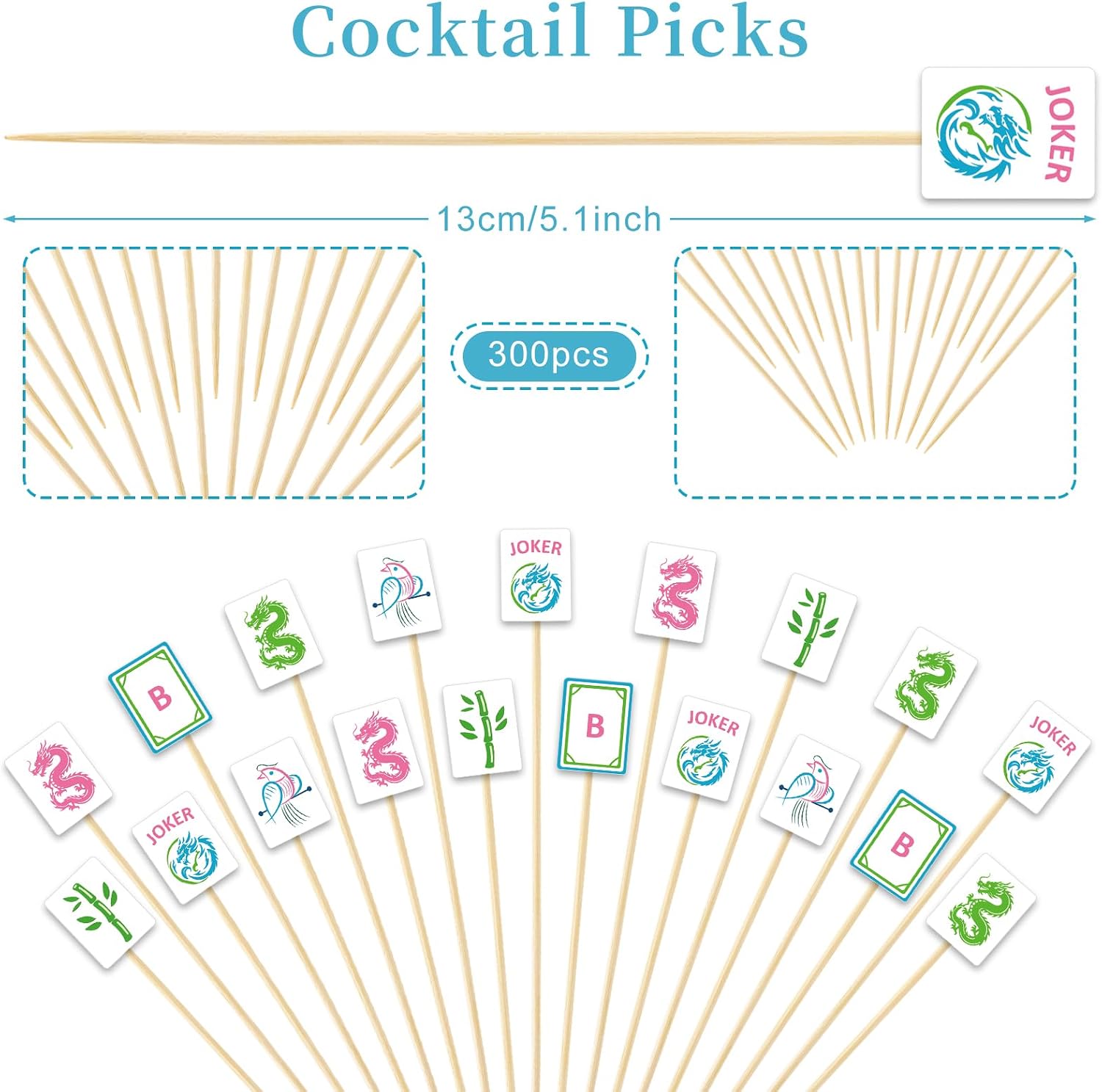 JarThenaAMCS 300 Pcs Mahjong Cocktail Picks Mahjong Long Toothpicks for Food Fruit Drink Dessert Birthday Party Restaurant Home Decor Supplies