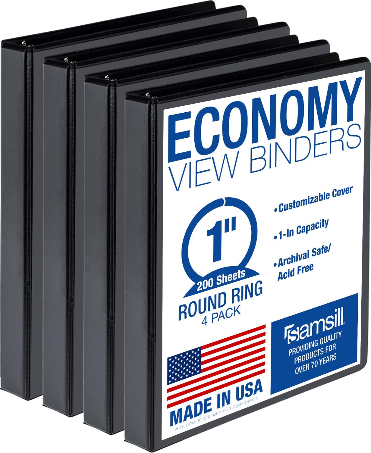 Samsill 1 Inch 3 Ring Binders, Made in USA, Economy Round Ring, Clear View Cover, 200 Sheet Capacity - for School, Home, Office - Black, 4 Pack