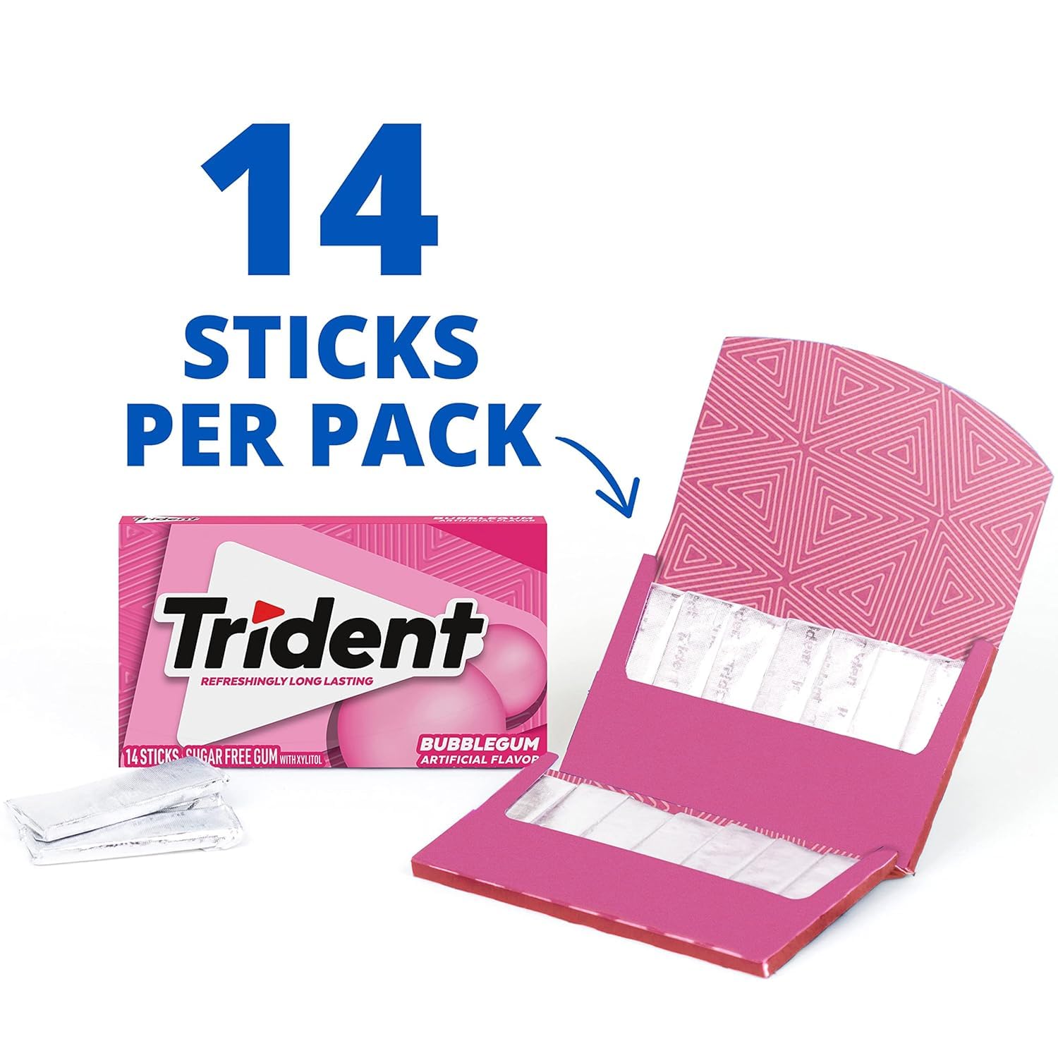 Trident Bubblegum Sugar-Free Chewing Gum, 3 Packs of 14 Pieces (42 Total Pieces)