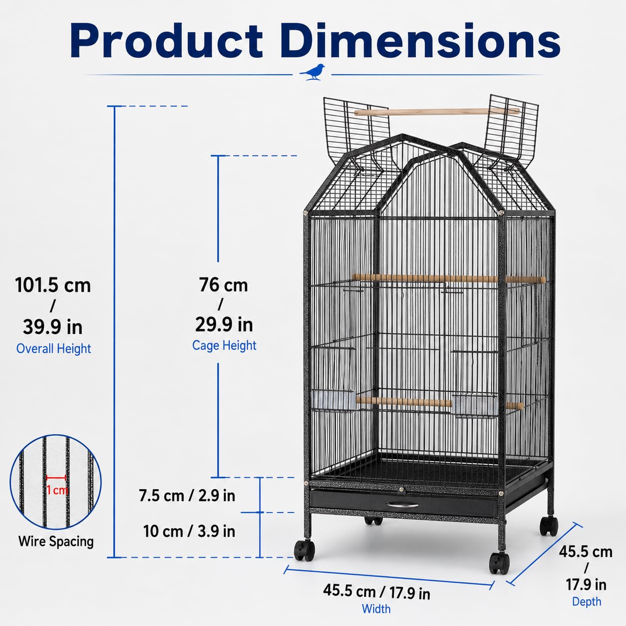 Jaula grande de lujo para loros de 39.9 pulgadas con soporte rodante, transportador portátil para pájaros con comedero y juguetes para loros grises africanos, periquitos y pájaros medianos, jaula de