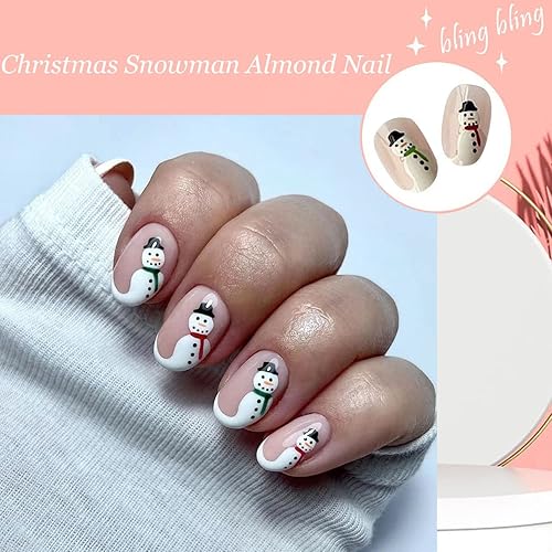 Miniatura 6 de 24 piezas de uñas navideñas a presión diseño de muñeco de nieve de cabeza redonda color nude brillante cobertura completa pegamento de Navidad uñas
