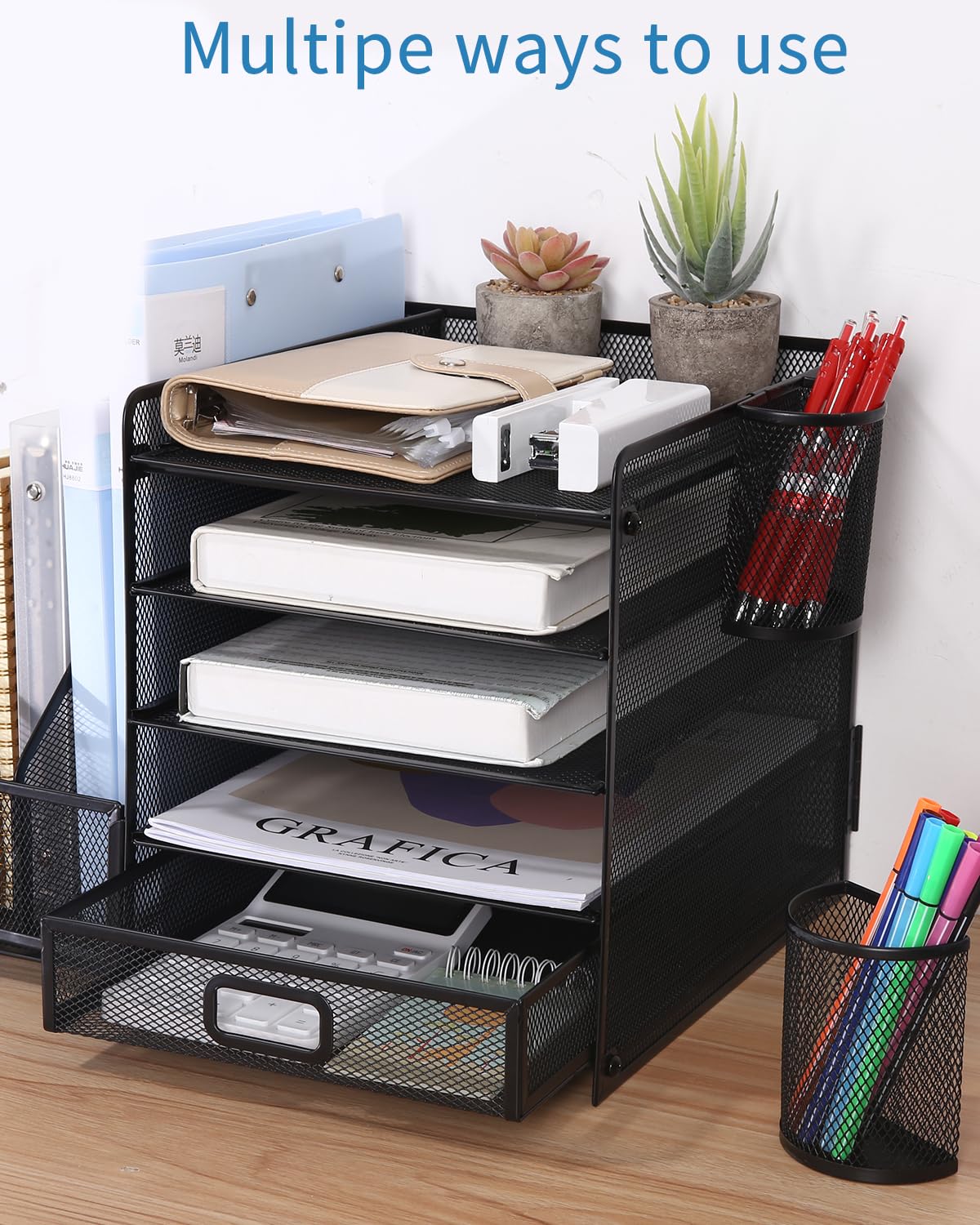 Organizador de Escritorio de Metal de 5 Niveles con Cajón y Portalápices Negro
