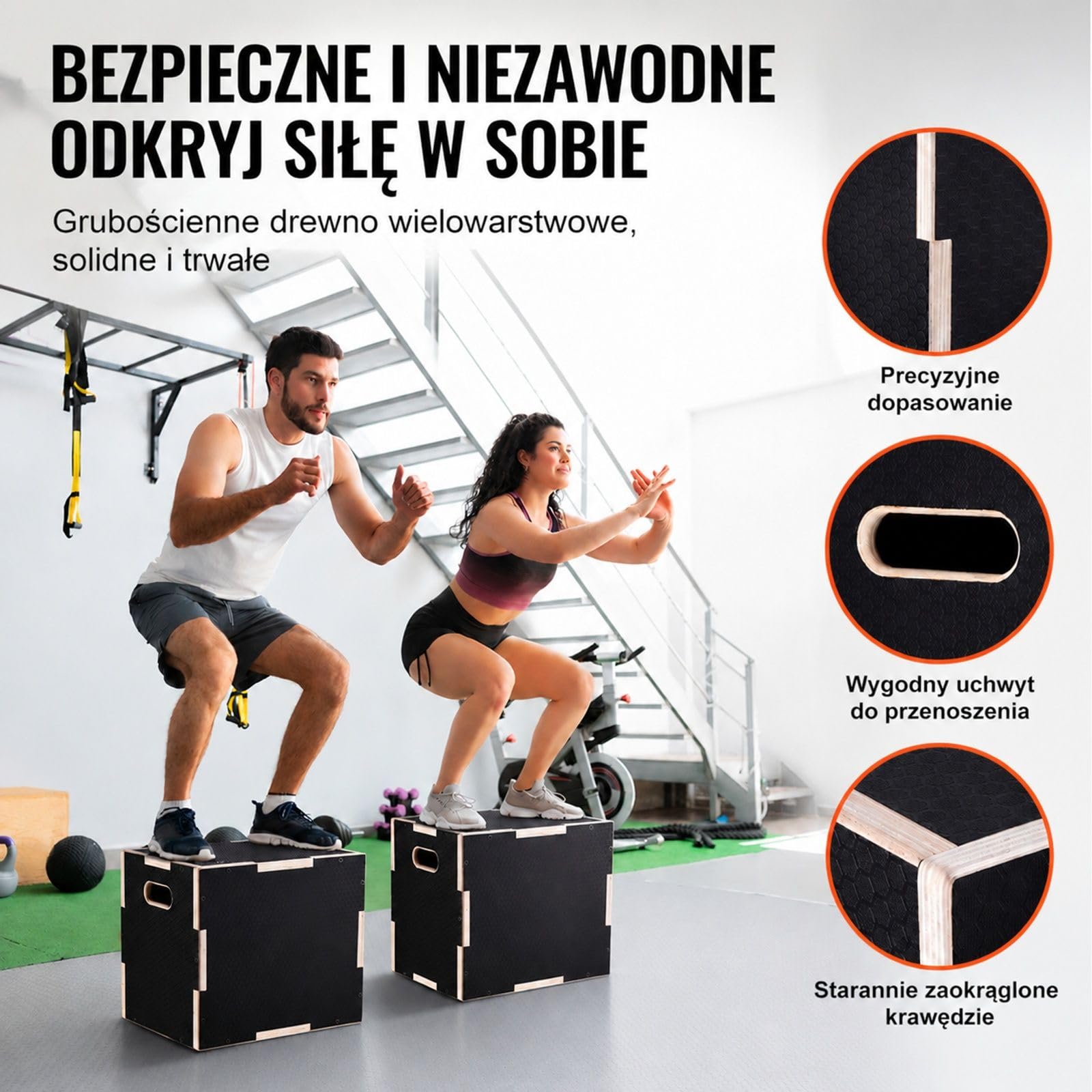 Skrzynia plyometryczna 3 w 1 czarna z wielowarstwowej sklejki do ćwiczeń fitness w domu