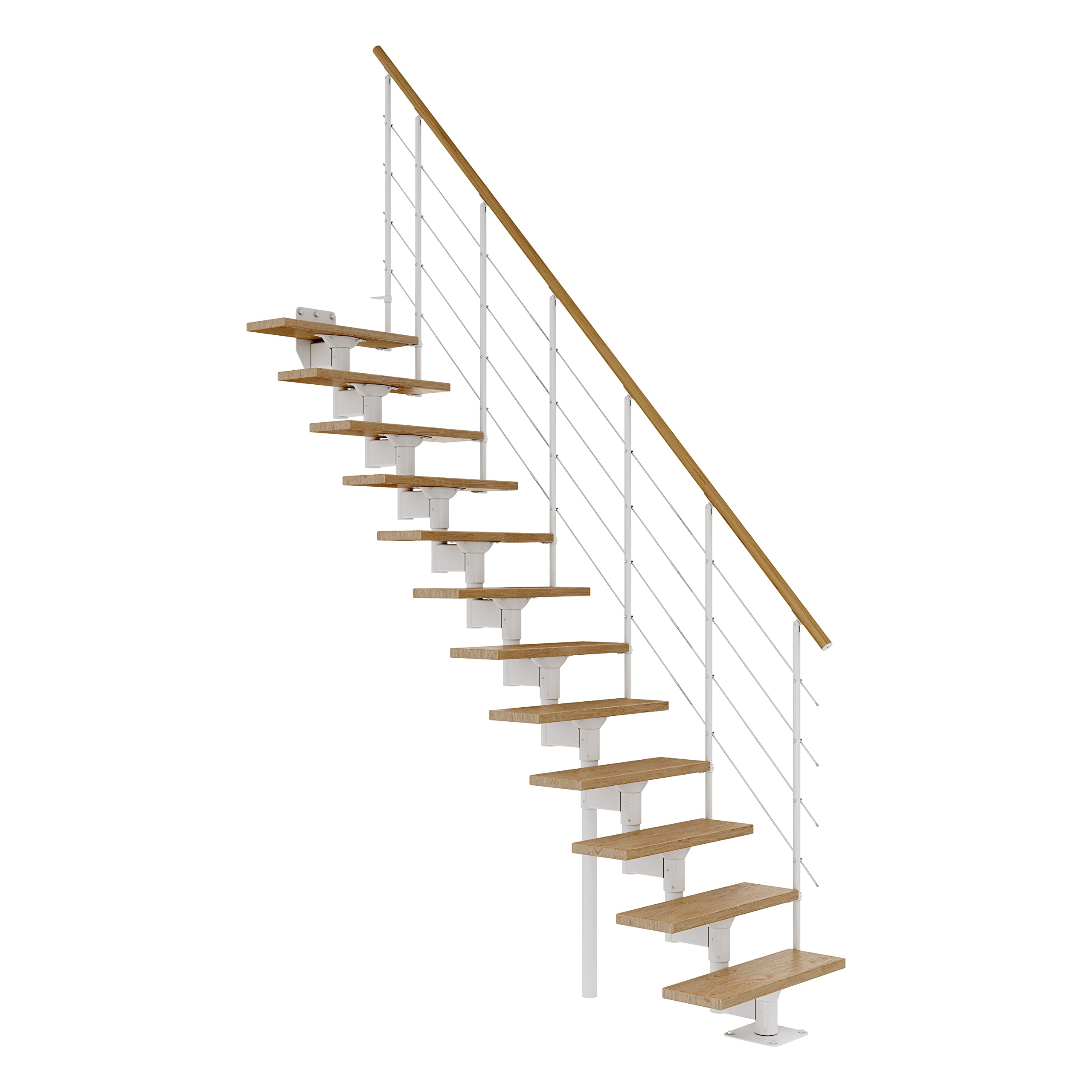 DOLLE Mittelholmtreppe - 11 Stufen - Geschosshöhe 228 – 300 cm - Geradelaufend - Stufen Eiche, lackiert - Unterkonstruktion: Weiß (RAL 9016) - volle Stufen 70 cm - inkl. Geländer - Nebentreppe