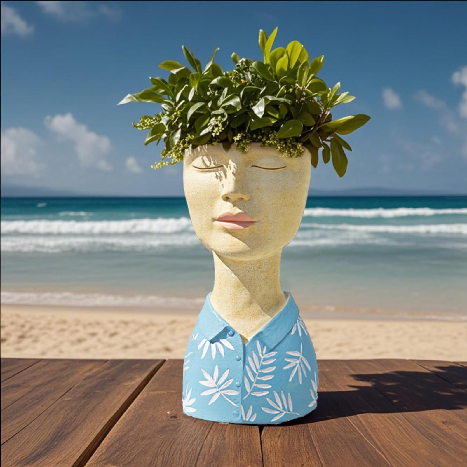 DiliComing Face Planter Pot Head Planter - Resin 5 x 6 x 10.5 Inch Blue Boy Head Planters for Indoor Outdoor Plants Decorative Flower Pot for Garden Home Office Bust Sculpture Plant Stand