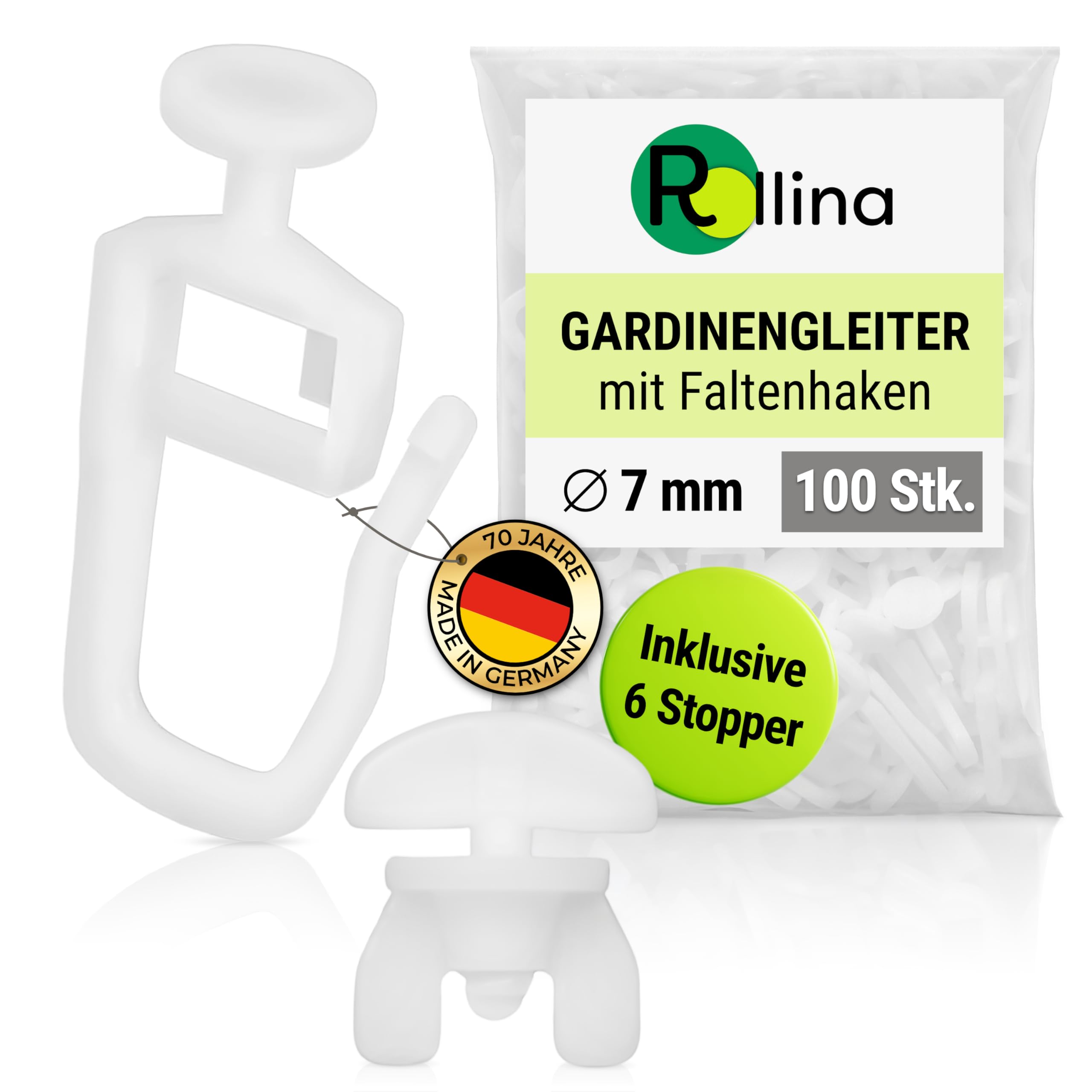 Rollina Gardinengleiter 7mm Set (100 Stück + 6 Feststeller) | Gardinenhaken für Schienen mit 4mm Innenlauf-Breite | Vorhanghaken | auch passend für KVARTAL Leiste