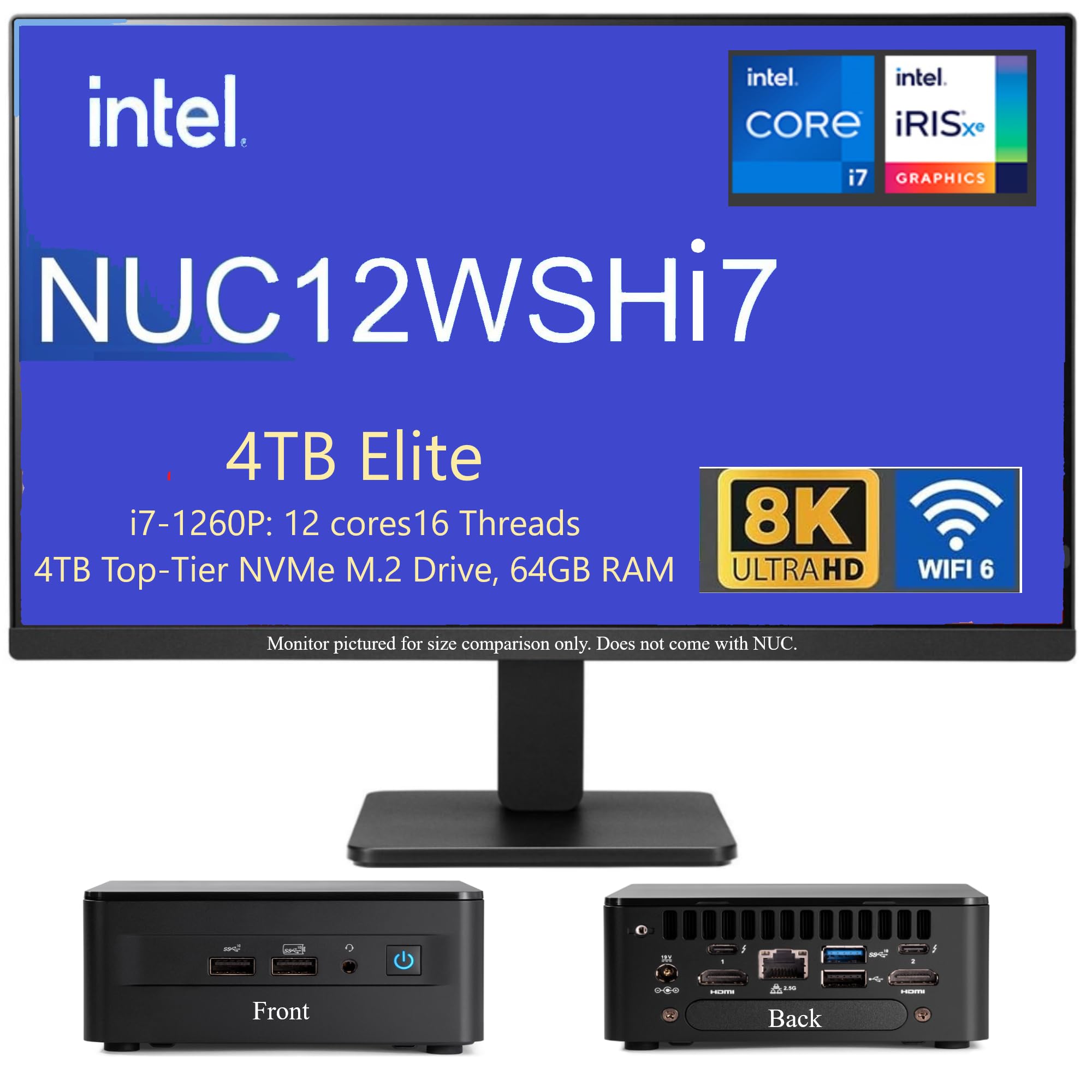 4TB Elite NUC Mini PC (Model NUC12WSHi7 i7-1260P,12 cores,16 Threads) Windows 11 Pro, 64GB RAM + 4TB! Top-Tier NVMe! 4.7GHz Iris Xe Graphics, Four 4K displays or one 8K Display