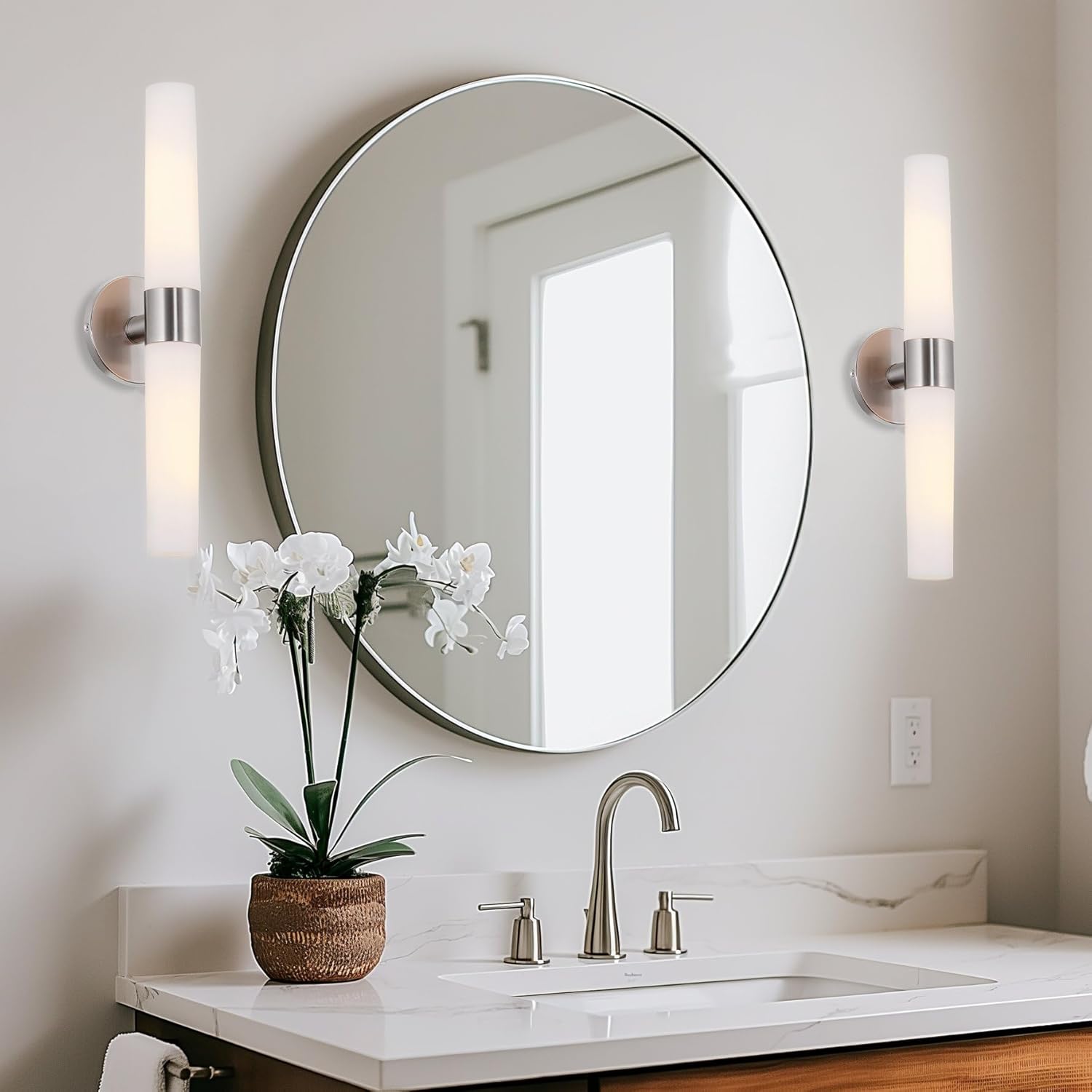 Kira Home Duo 21" Modern Wall Sconce with Frosted Glass Cylinder Shades, Linear 2-Light Silver Wall Light, Brushed Nickel Finish