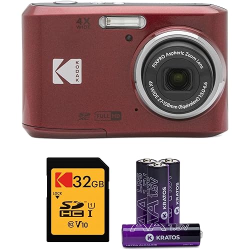 Kodak PIXPRO FZ45 Digital Camera (Red) Bundle with 32GB Class 10 UHS-I U1 SDHC Memory Card and AA High-Performance Alkaline Batteries (4-Pack) (3 Items)