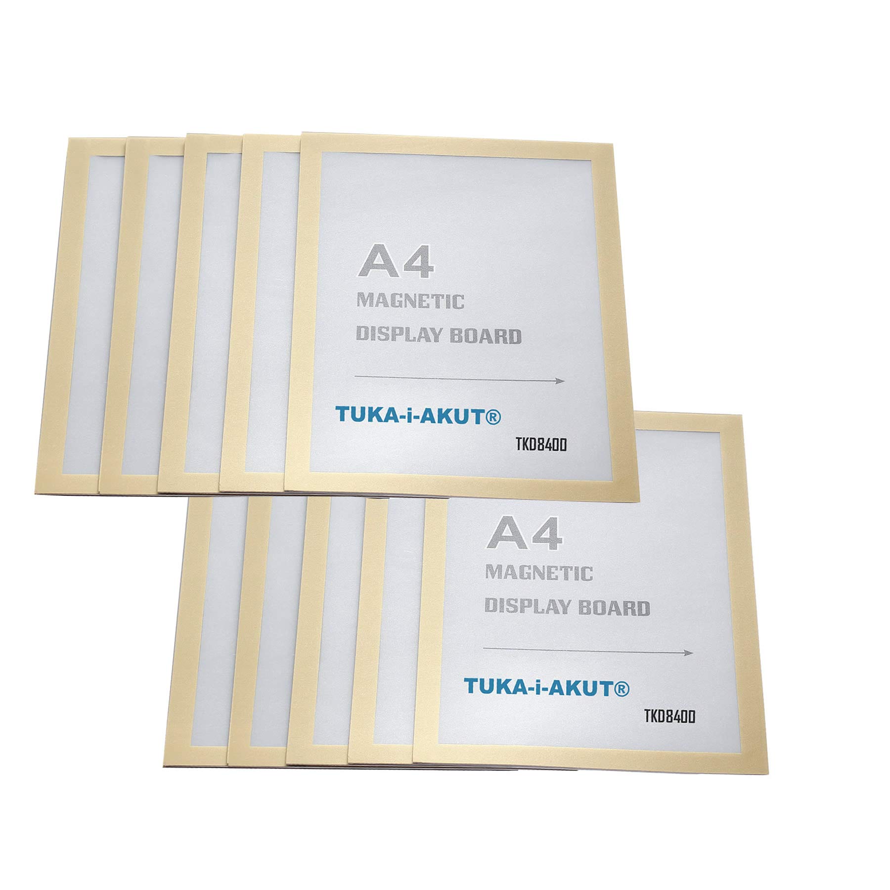 TUKA-i-AKUT 10pcs A4 Magnetic Display Frame with Self-Adhesive Backing, Document Sleeves Magnetic Frame Self Adhesive for POS, Sign, Notices, Photos. Quick Insert Exchange, Gold Color TKD8400-A4-10x
