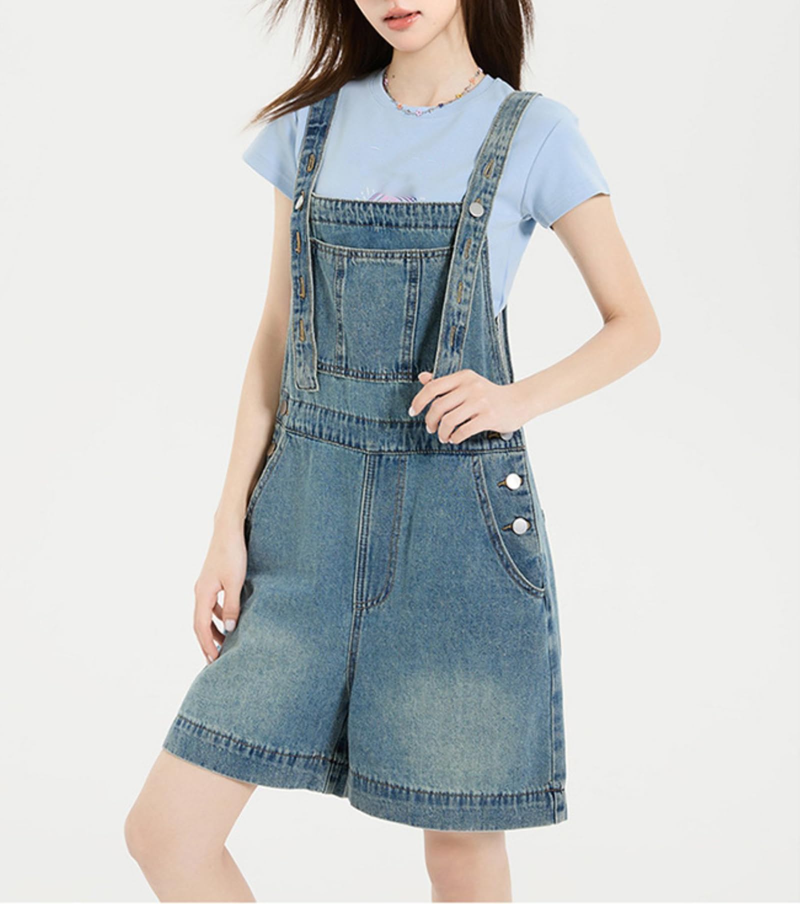Krótkie śpioszki Dżinsowe kombinezony dla kobiet Regulowany pasek Casual Loose Fit Letnie spodenki na szelkach z kieszeniami