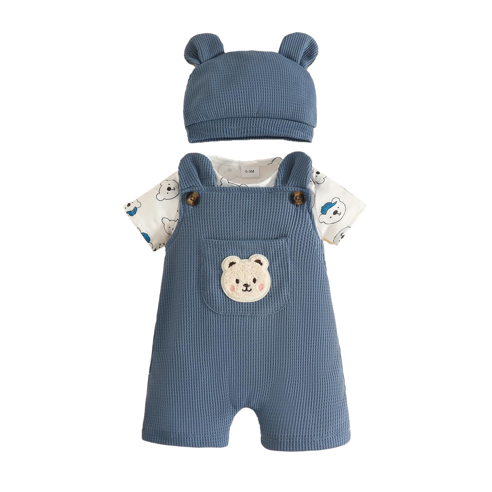 Ropa de Bebé Recién Nacidos Manga Corta a Rayas Mono Top+ Pantalones Cortos con Tirantes y Animales + Sombrero 3 Piezas Verano Conjuntos — view 9