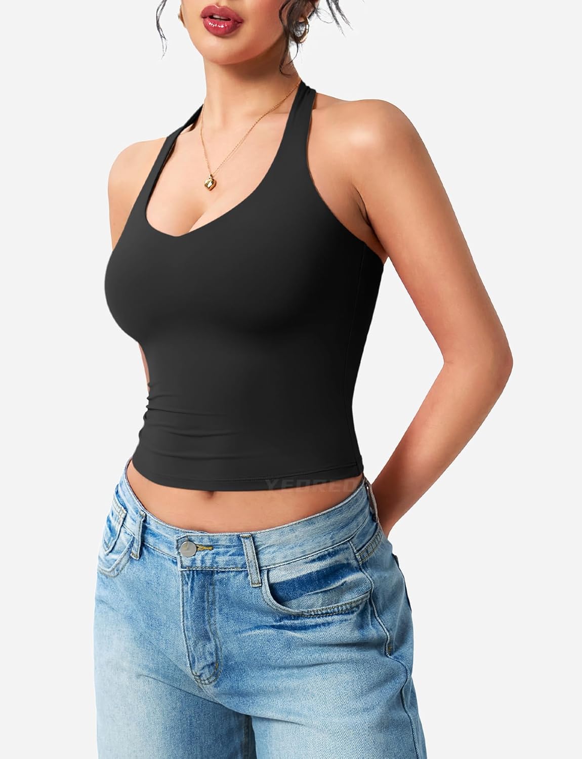 YEOREO Aherin Women Halter Tank Tops Not Padded Cami Open Back Slim Fit Fitness Y2K Going Out Crop Top - Image 4