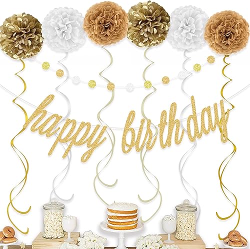 Miniatura 3 de KOKAR Decoraciones doradas de feliz cumpleaños pancarta dorada de feliz cumpleaños, pompones de papel, remolinos colgantes y guirnalda de puntos