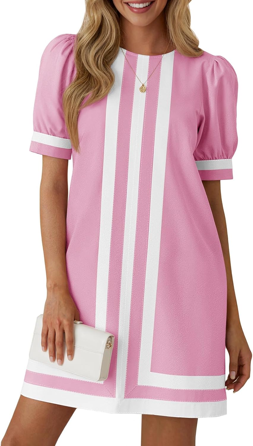 Wenrine Womens Puff Short Sleeve Mini Dress Summer Crewneck Striped Color Block Loose Casual Shift Dresses with Pockets