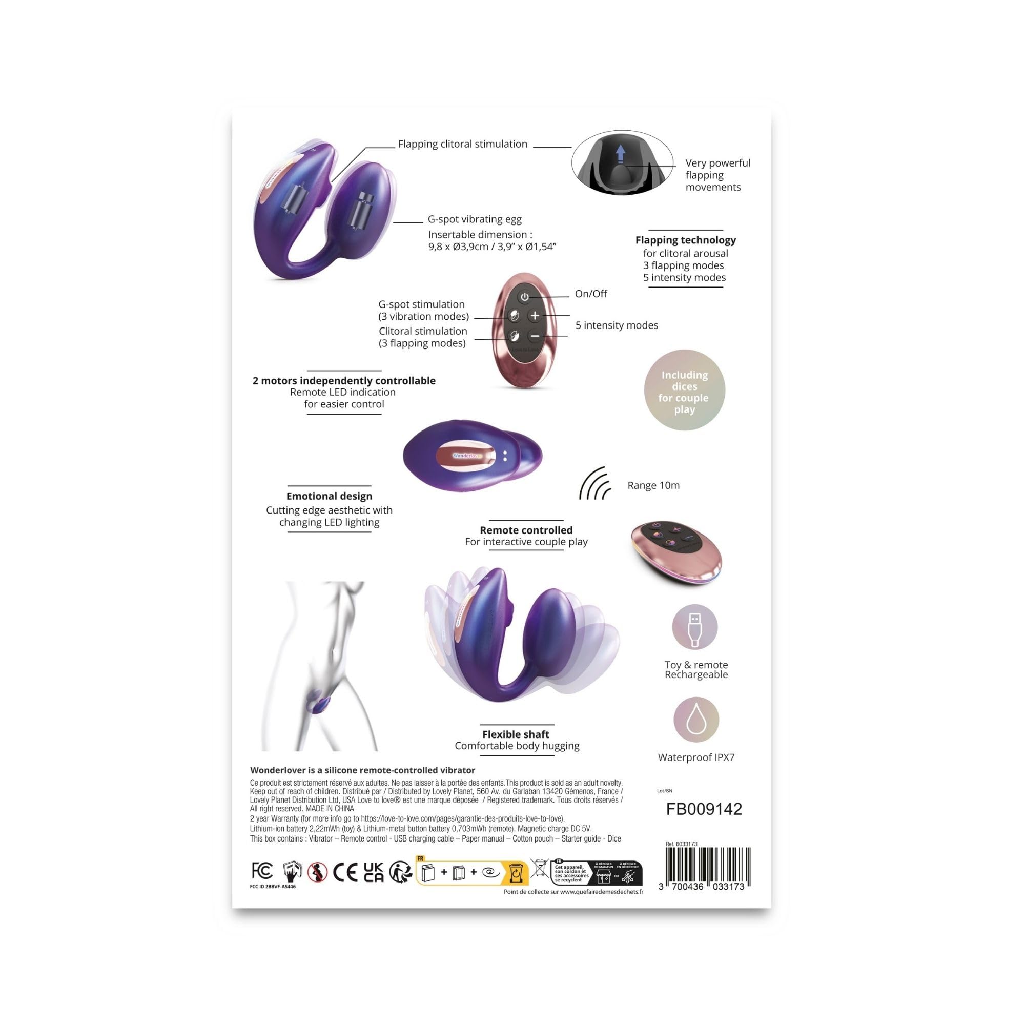 Love to Love Wonderlover – Sex toy ovetto vibrante con telecomando a distanza, doppia stimolazione clitoride & punto G, tecnologia flapping, 9 modalità, impermeabile, utilizzo a mani libere