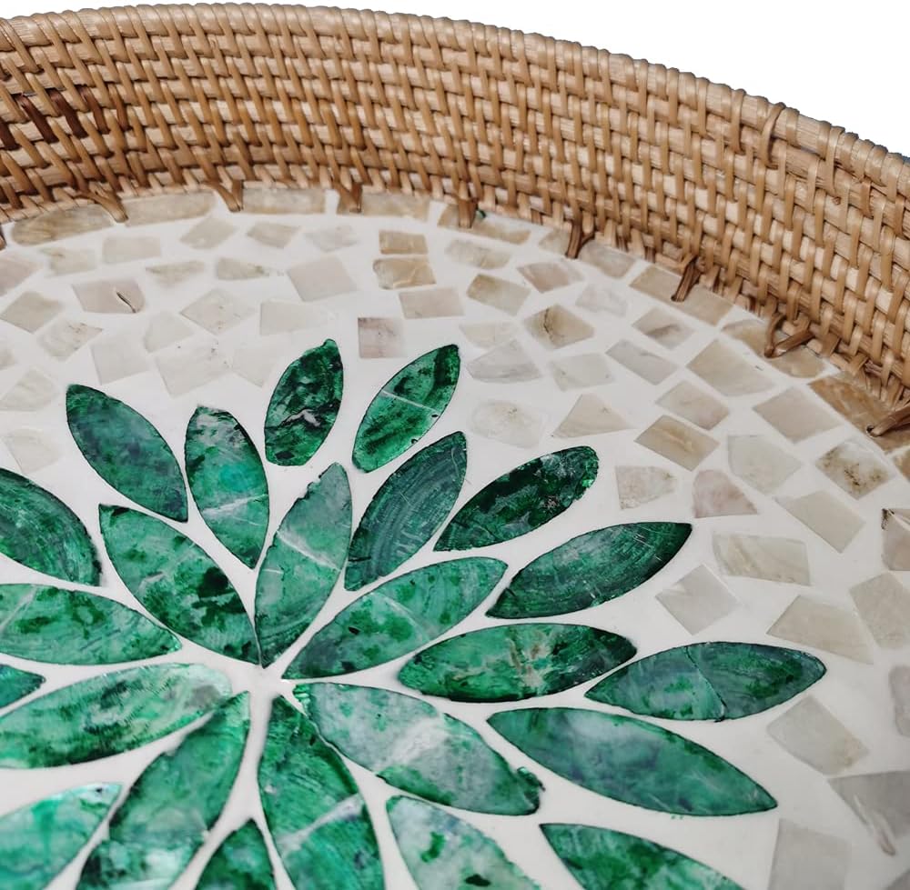 13 Inch Round Woven Basket Tray with Beige Green MOP Flat Base, Handmade Decorative Storage Rattan Serving Tray with 2 Inch Wall, Boho Wicker Display Table Basket Décor for Counter, Vanity Exxacttorch