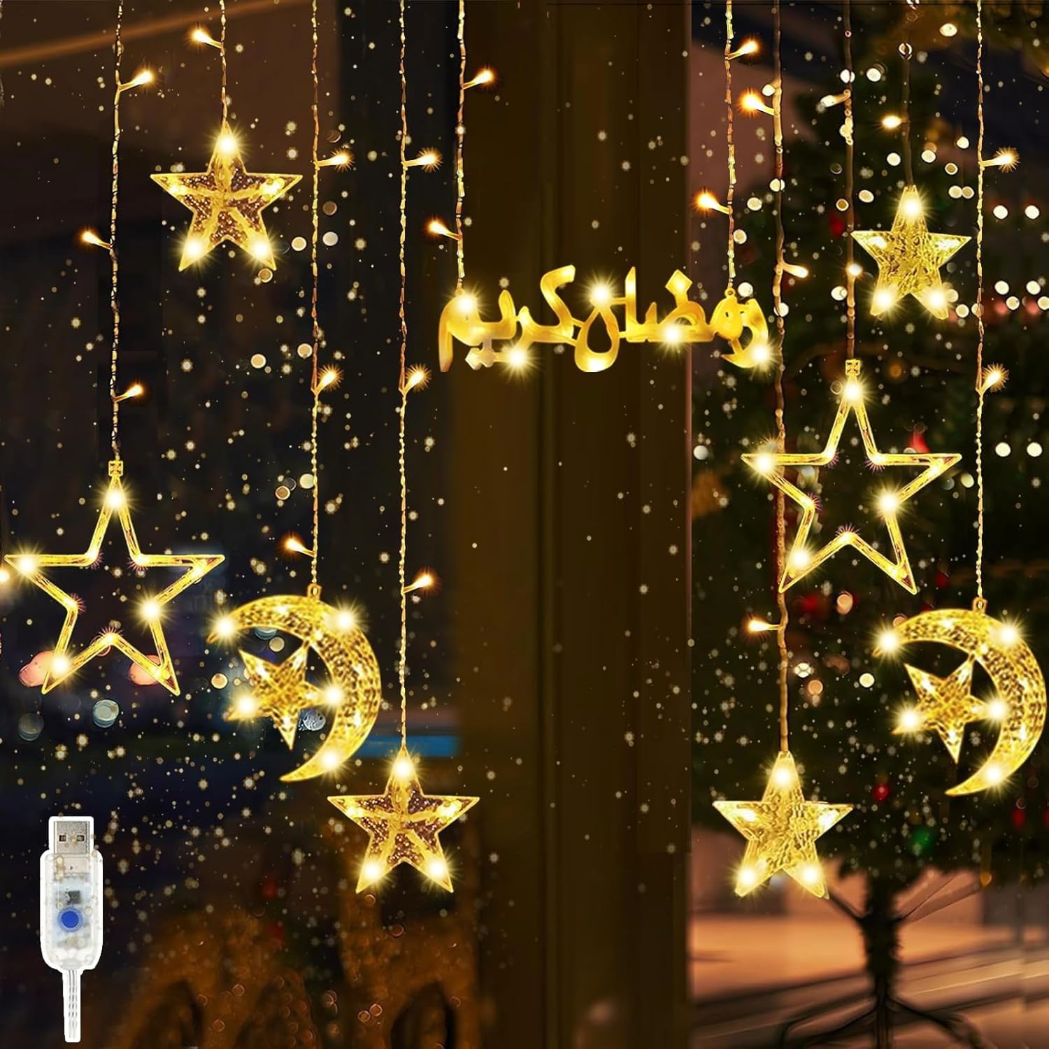 Ramadan Lights,Star Moon Decorative Lights for Home Decorations, Warm White Curtain Ramadan Decorative lights (style4)