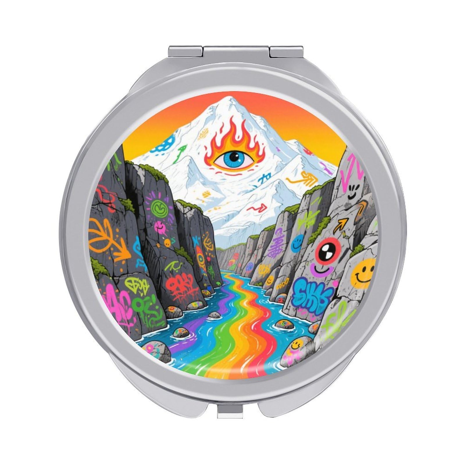 Fekiloot Style Graffiti Snow Mountain Valley Travel Makeup Mirror Handheld Compact Mirror Portable Pocket Mirror Double-Sided 1X/2X Magnifying For Handbag And Purses