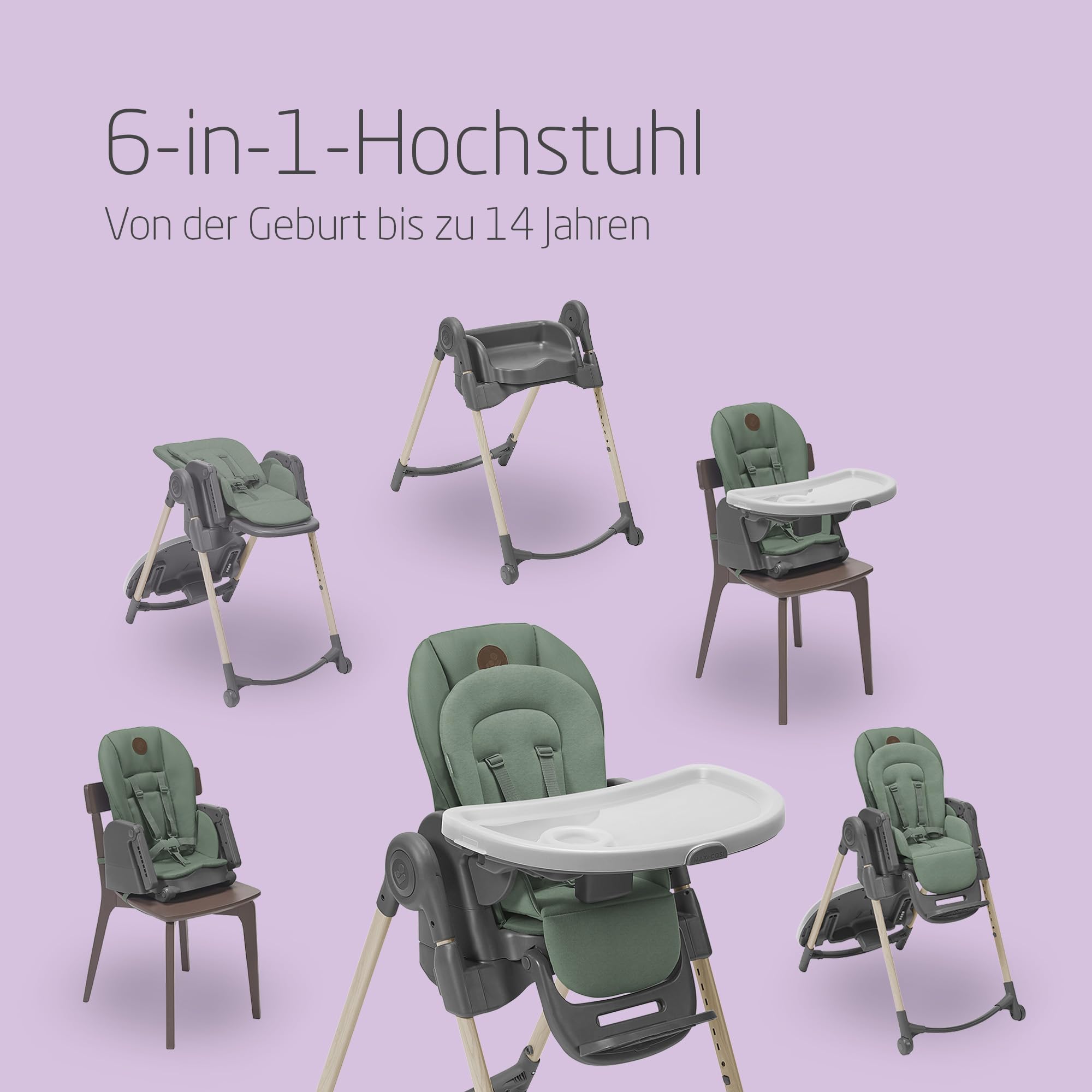 Maxi-Cosi Minla Kinderhochstuhl Mitwachsend, 0–14 Jahre, bis zu 60 kg, Hochstuhl Baby, 9 Höhenstufen, 5 Neigungspositionen, 4 Tablettpositionen, kompakt faltbar, Eco Care, Beyond Green