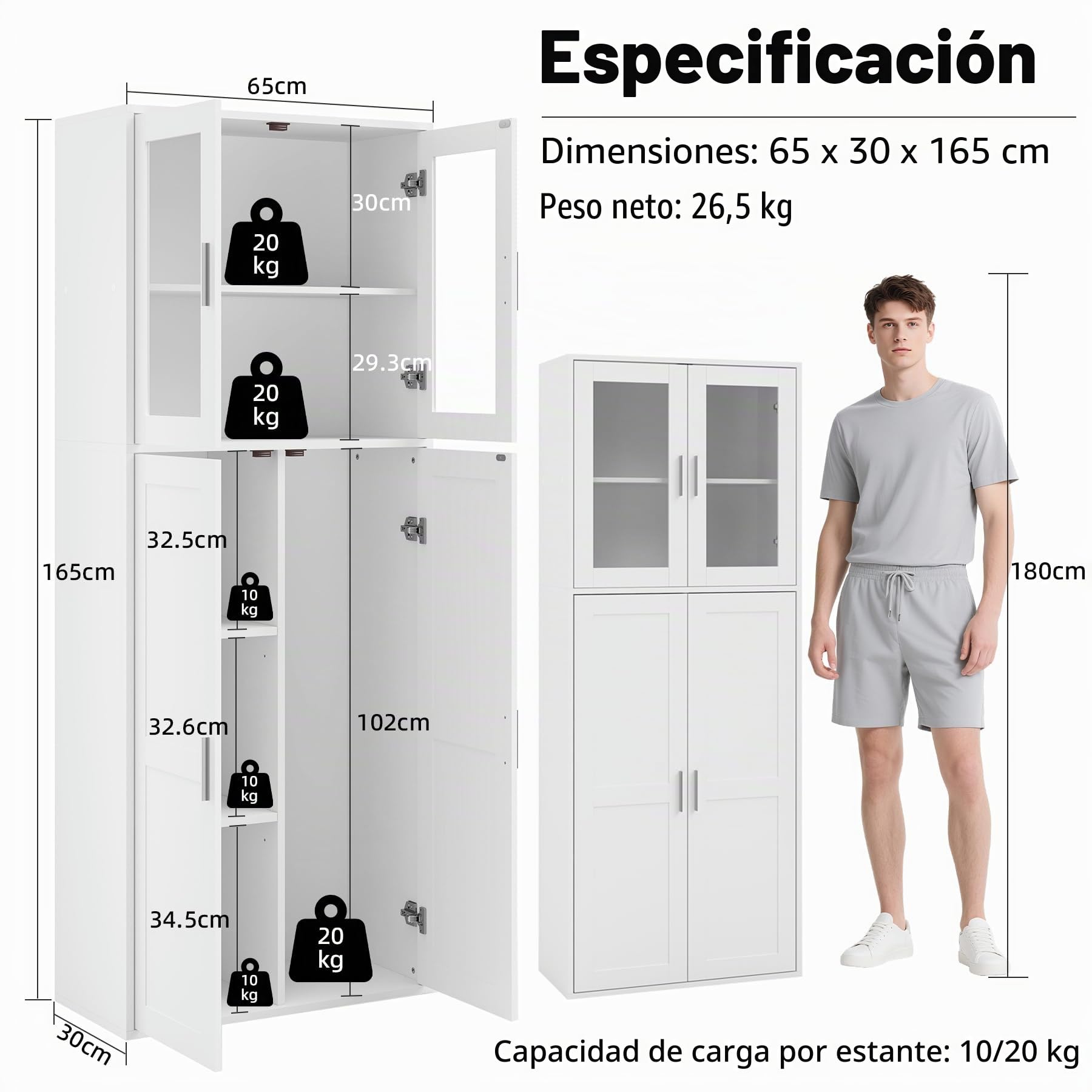 1 Pieza Armario de Cocina, Armario Escobero Exterior para Escobas Aparador Alto Estante con Puertas y Estante Ajustable Armarios para Baño/Cocina/Sala de Estar/Comedor/Pasillo/Blanco/65×30×165CM