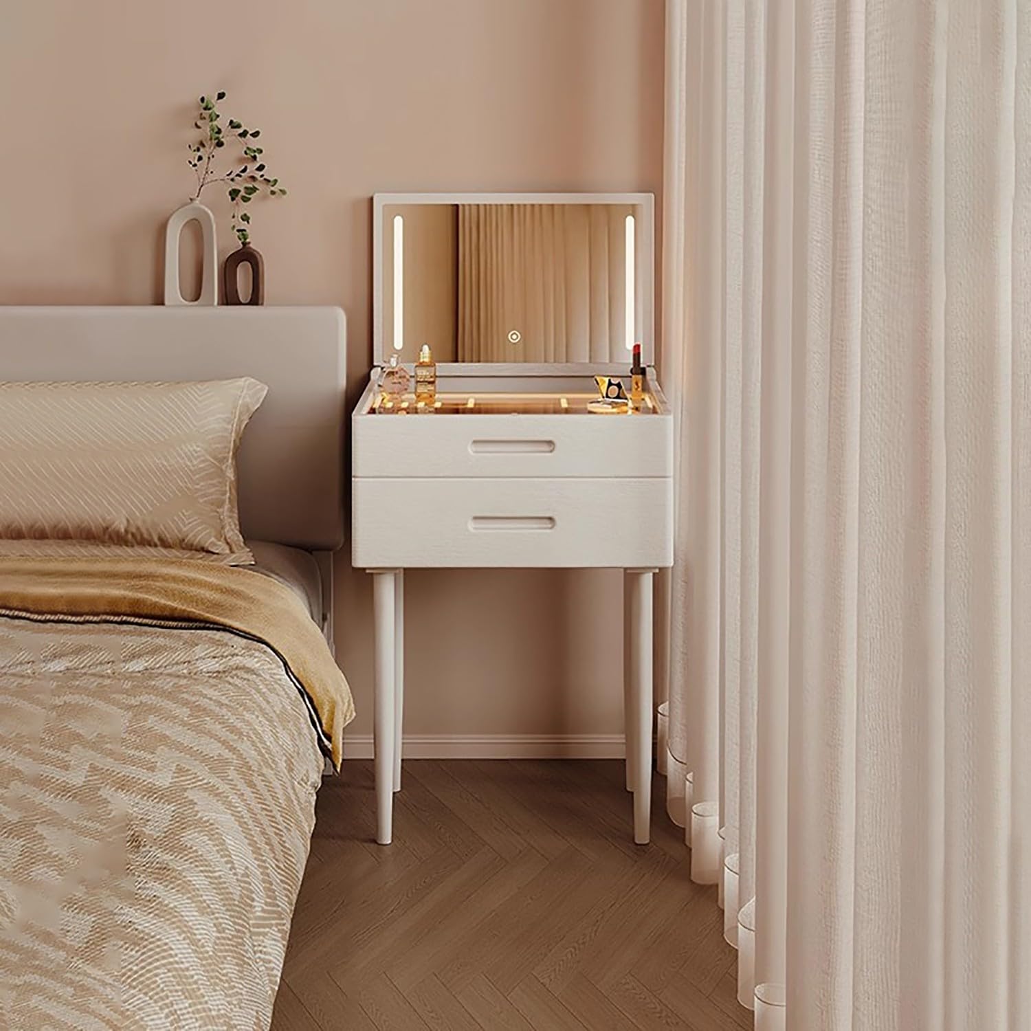 Scrivania da trucco illuminata a LED con specchio, in legno massello, 3 opzioni di colore, comodino a forma di cactus, 2 cassetti, per camere da letto, 50 cm, design moderno