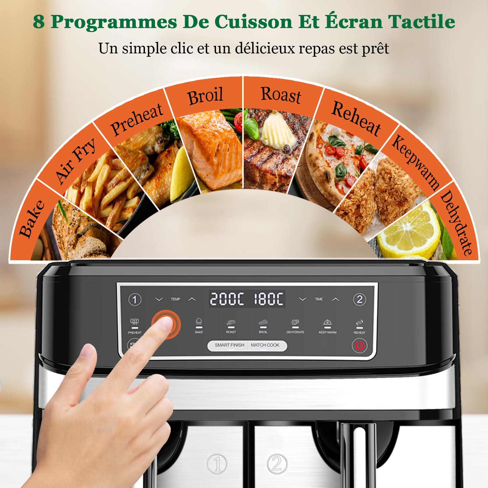 Air Fryer Double Compartiment 9L | Friteuse Sans Huile a 2x4,5L Tiroir, 2600W Friteuse à Air Chaud 8 en 1 Écran Tactile Smart Finish Fonction, Airfryer Deux Zones Contrôle Individuel Température Temps