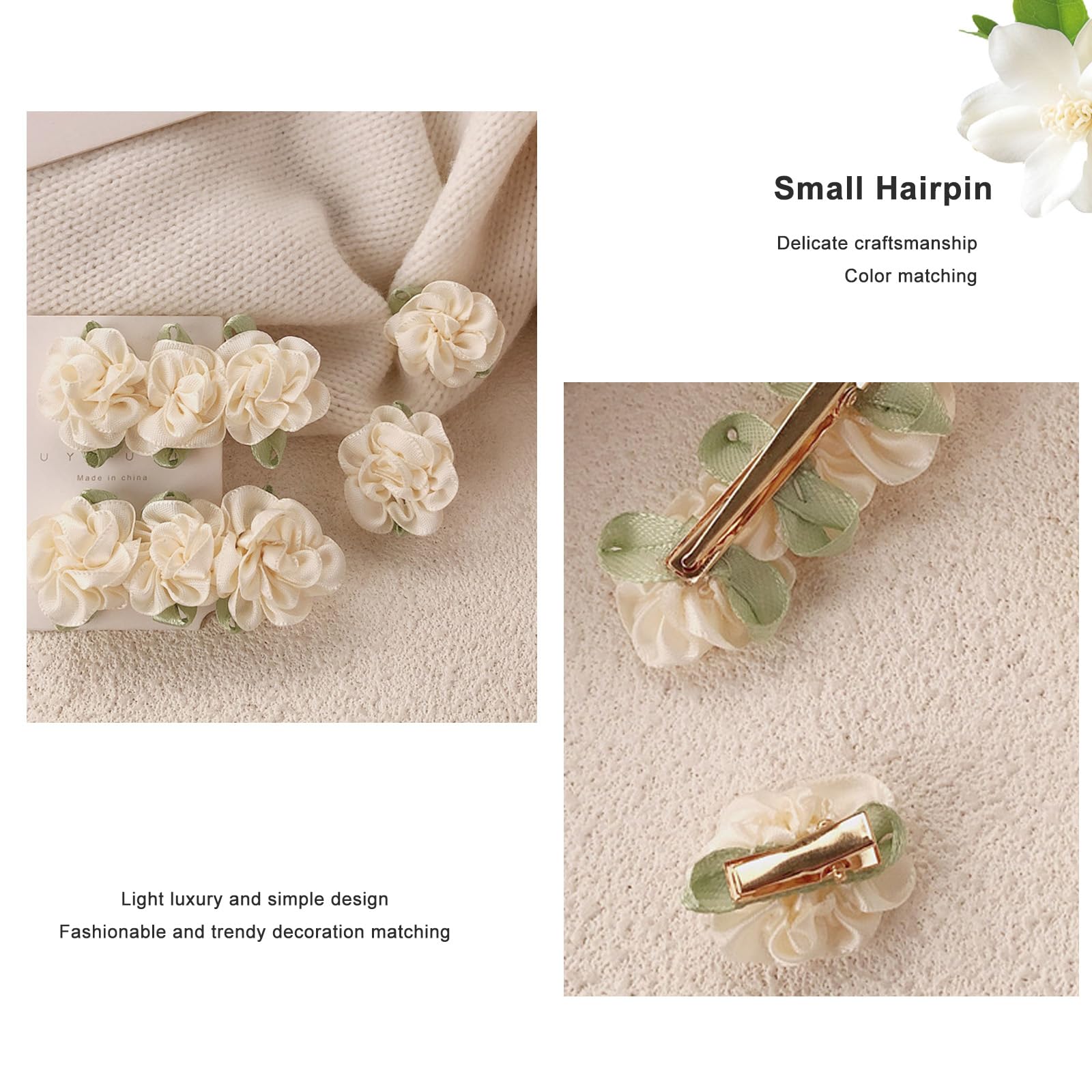 12PCS Beige Mini Rose Hair Clips Jasmine Barrettes Headpiece Hairpins for Women Wedding Bridal Flower Accessories - Image 4