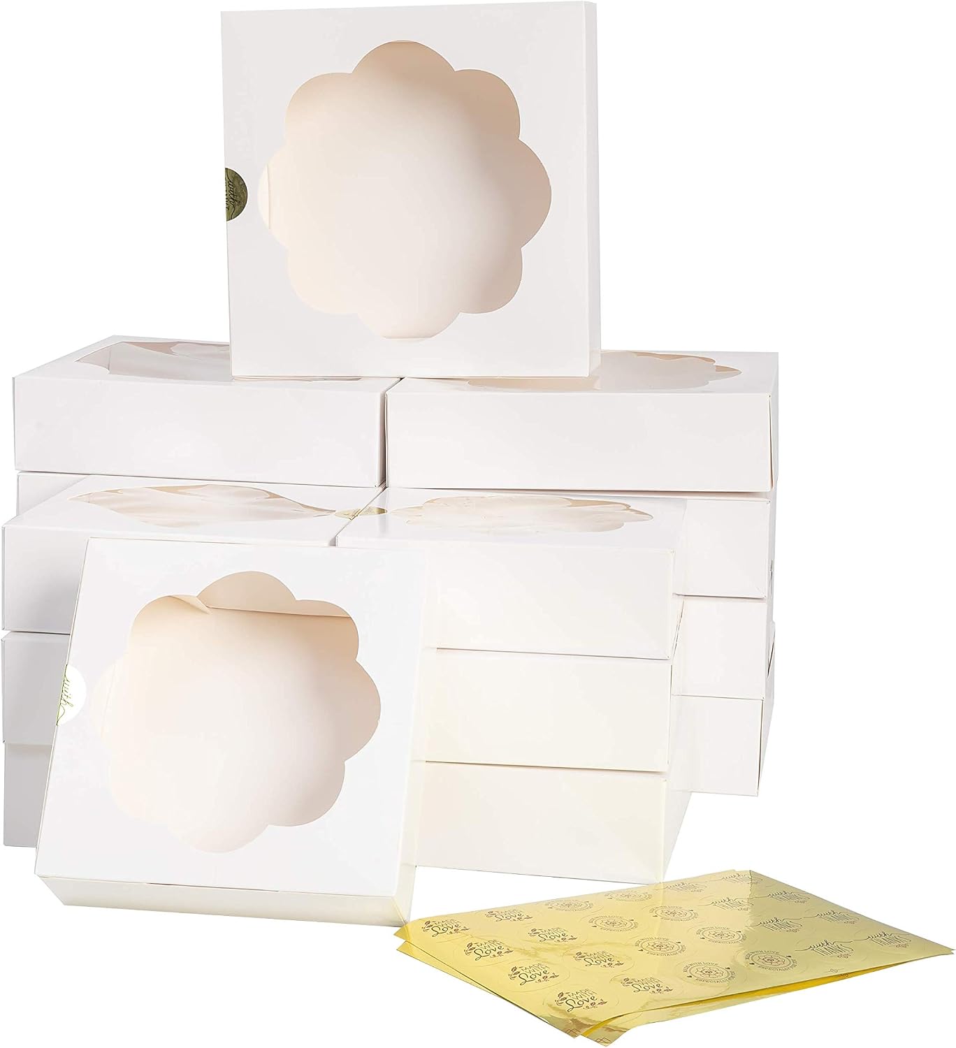 JOYIN 15 Pcs 10X10X2.5 inch Christmas Cookie Bakery Boxes with Stickers,White Dessert Boxes with Window, Holiday Paper Pastry Packaging Boxes for Thanksgiving Wedding Christmas