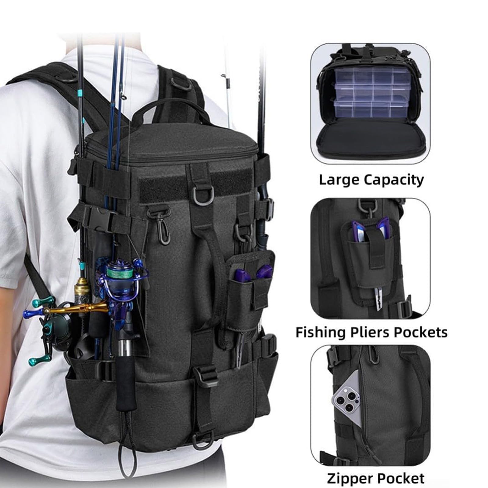 Großer Angelrucksack mit Rutenhalter, Oxford wasserdicht, große Kapazität, Wanderrucksack, Reiserucksack, geeignet für Angeln, Picknicks und Wandern, CP, PVC-Angeltasche für weiche Köder