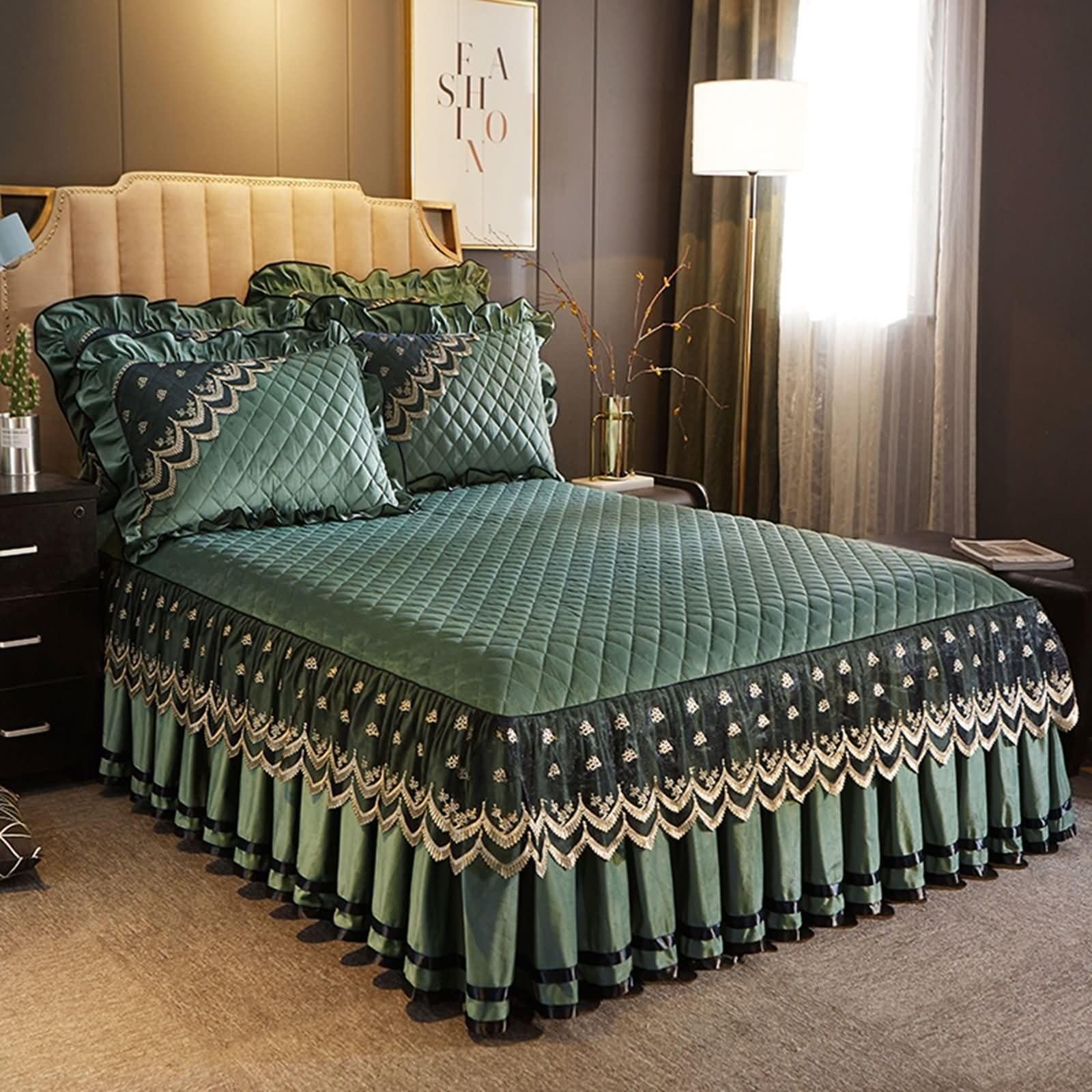 Lenzuola Letto Matrimoniale Poliestere con Angoli, Motivo di Tinta Unita con Pizzo Ricamato, 180 x 220 CM, Verde Oliva