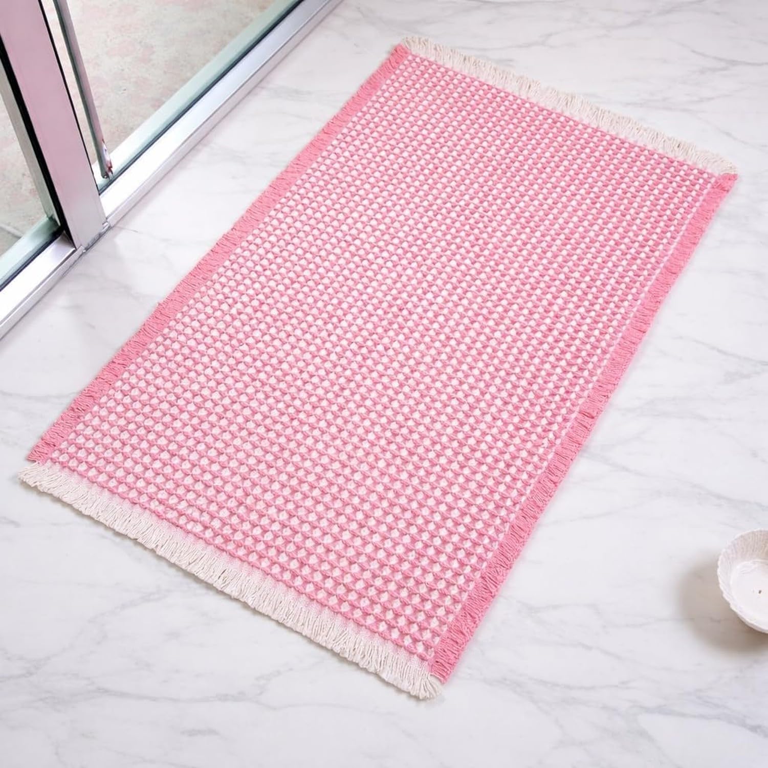 Alfombra de baño gofrada mejorada ultrasuave, súper absorbente y antideslizante con borlas, bordes ribeteados, lavable a máquina, con Base de goma para baño, co, Rosa, 46x76 cm (Rettangolare)