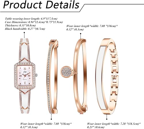 Miniatura 4 de JewelryWe Conjunto de pulsera de reloj para mujer reloj de pulsera de cristal brillante de oro rosa