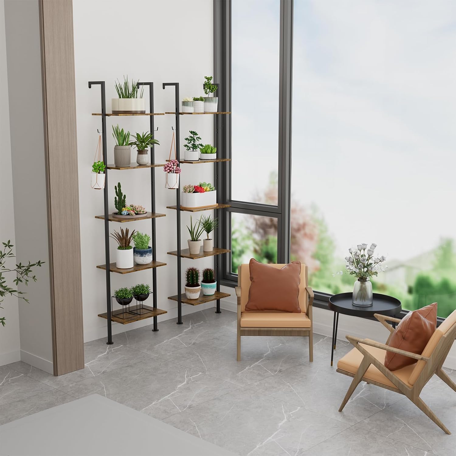 Aduanbang 5-Tier Ladder Shelf, Wall Mounted Wooden Bookshelf with Metal Frame, Vintage Leaning Storage Rack for Living Room, Bedroom, Home Office – Rustic Brown Open Display Shelves