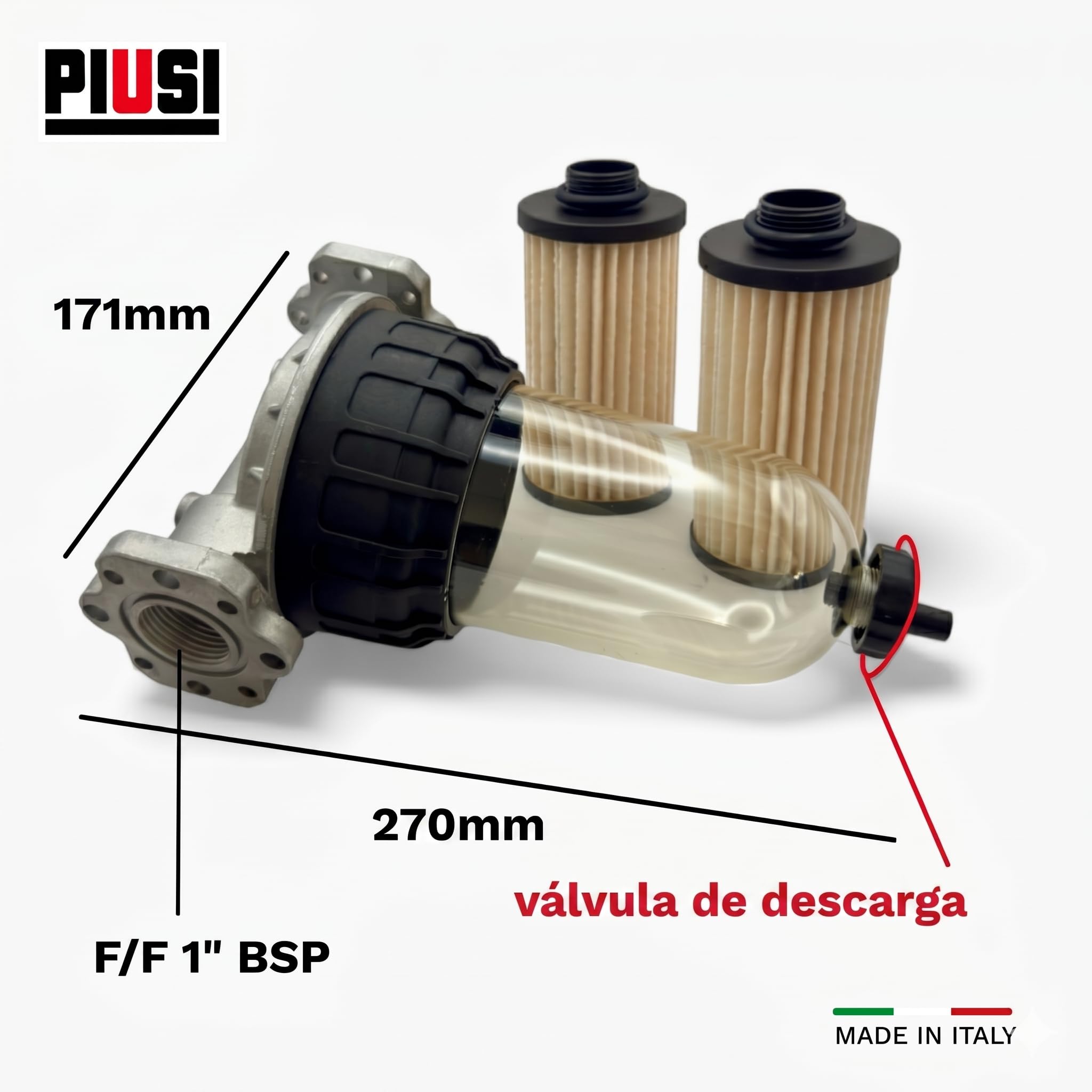 Filtro PIUSI para Diésel, Gasolina y Aceite, Kit Completo con Soporte de Cabeza + 2x Cartuchos, Caudal 70 l/min, Presión 5 bar, Filtración Absorbente de Agua de 30 micrones | Clear Captor F00611B10