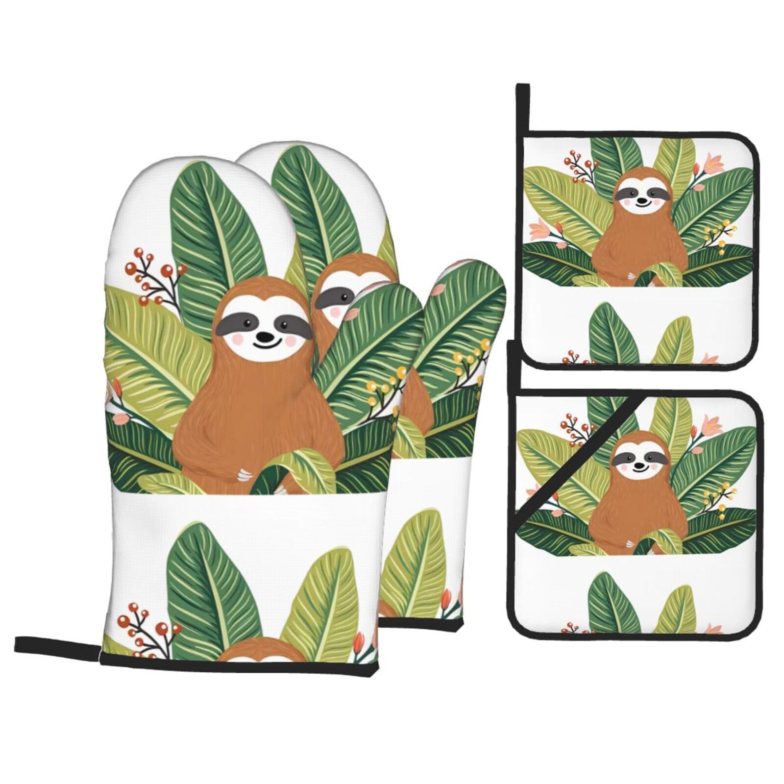HJFCZH Cute sloth & Leaves Prints Kitchen Throw Set: Durable Oven Layers with Waterproof Polyester – 4 Piece Heat Protection System
