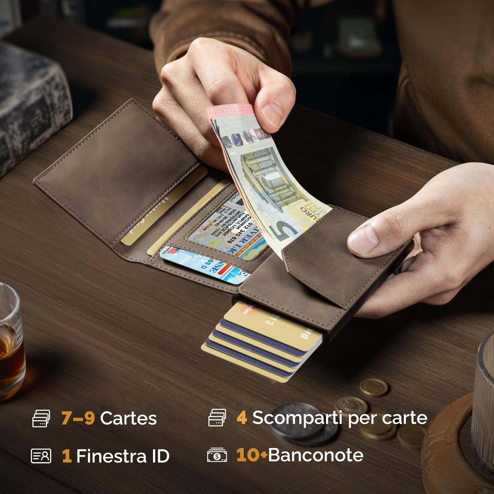 YESIIW Portafoglio Uomo Airtag con Super Compatto, Pop up Porta Carte Airtag per 10+ Cartes, 10+ Banconote & Finestra ID, Portacarte Airtag con RFID & Chiusura Magnetica (Marrone, Senza Portamonete)