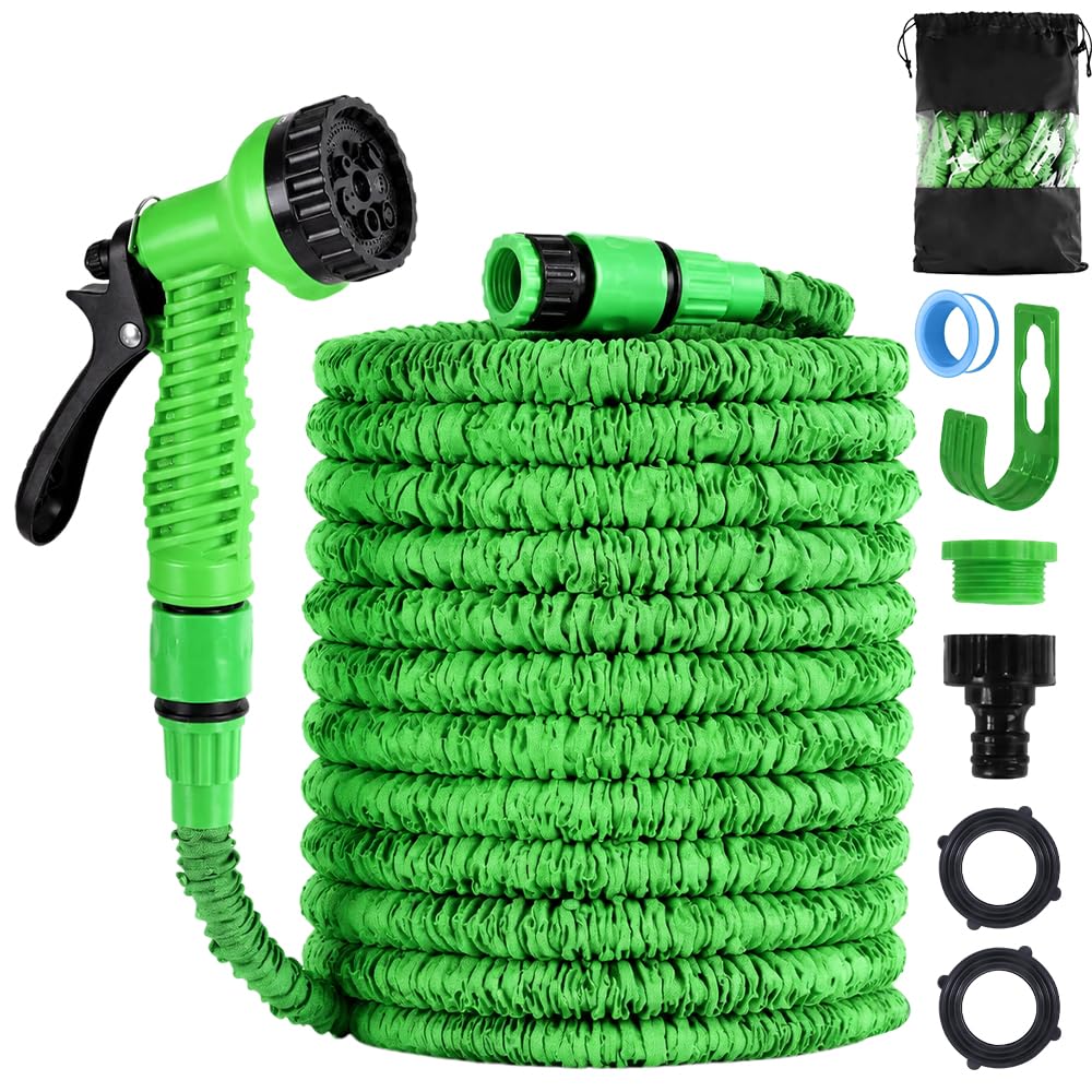 Expandable Garden Hose Pipe 60m 200ft, Garden Hoses, Flexible Hose Pip with 7 Function Spray Gun,Extendable Water Hose Retractable Magic Hose Pipe for Gardening Car Washing (Green)