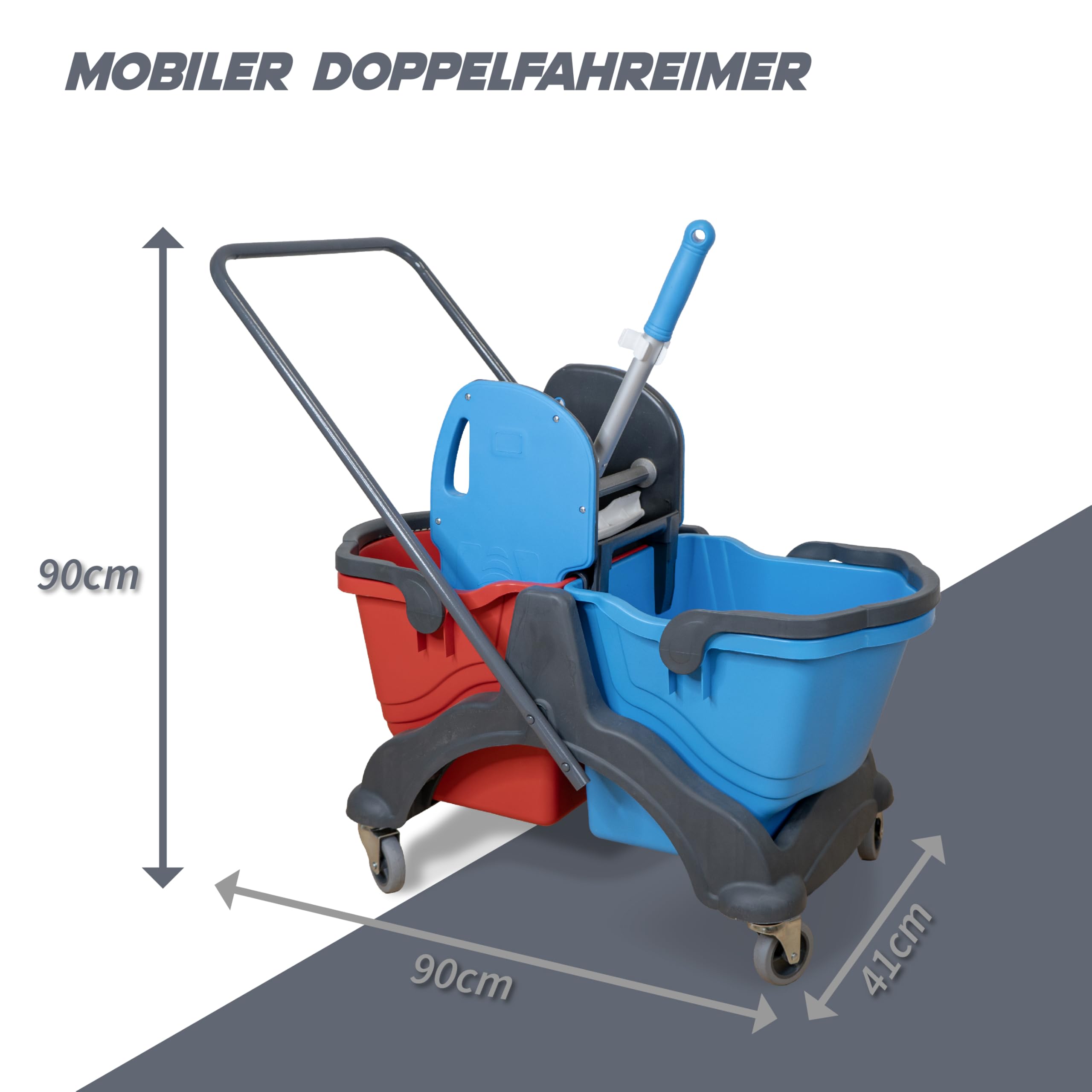 Putzwagen mit Wischmopp Presse Doppelfahreimer 2x 18L rot/blau für Gebäudereinigung