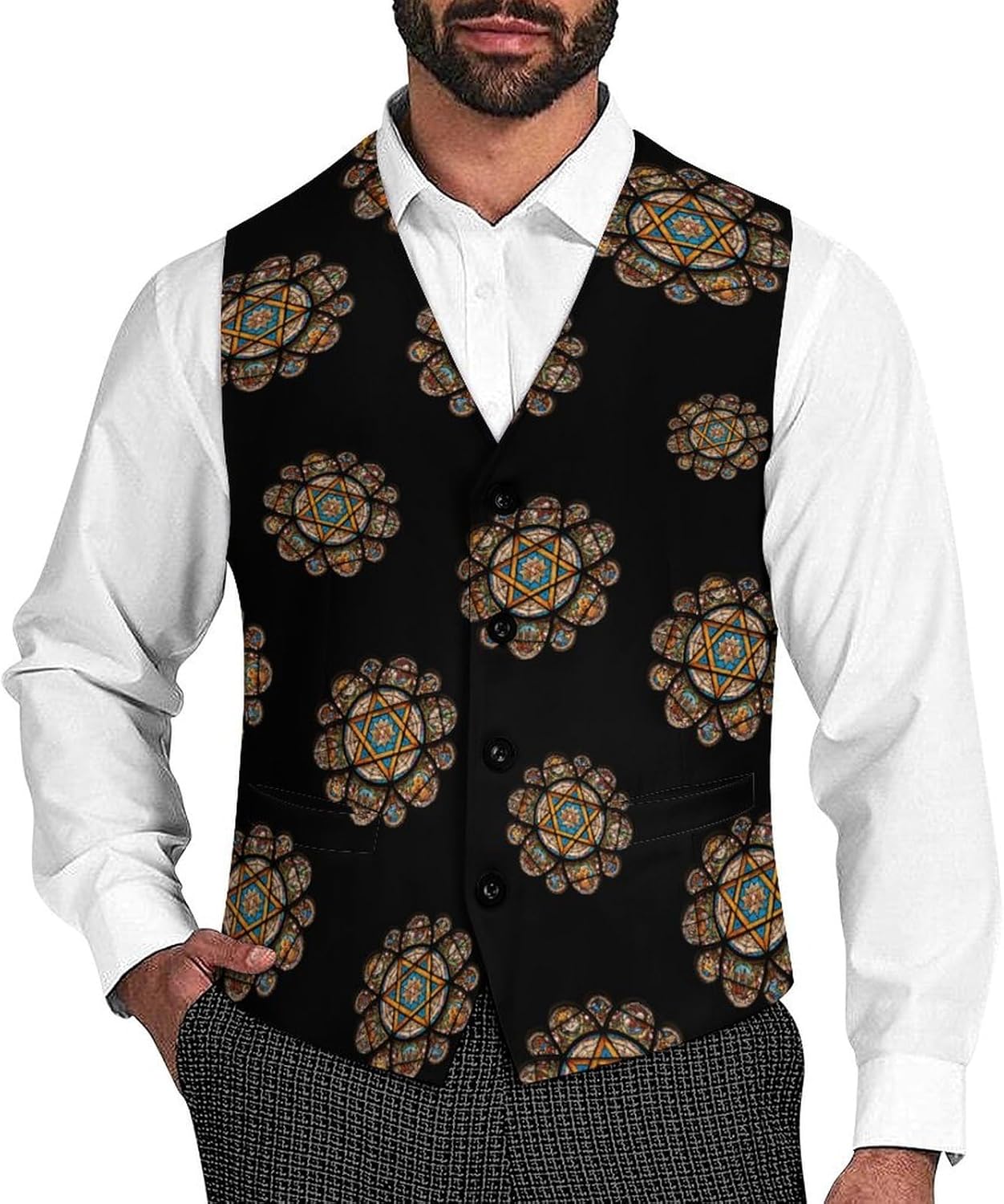 Stained Glass Star of David Casual Men's Business Suit Vest Slim Fit Formal Dress Waistcoat Vests