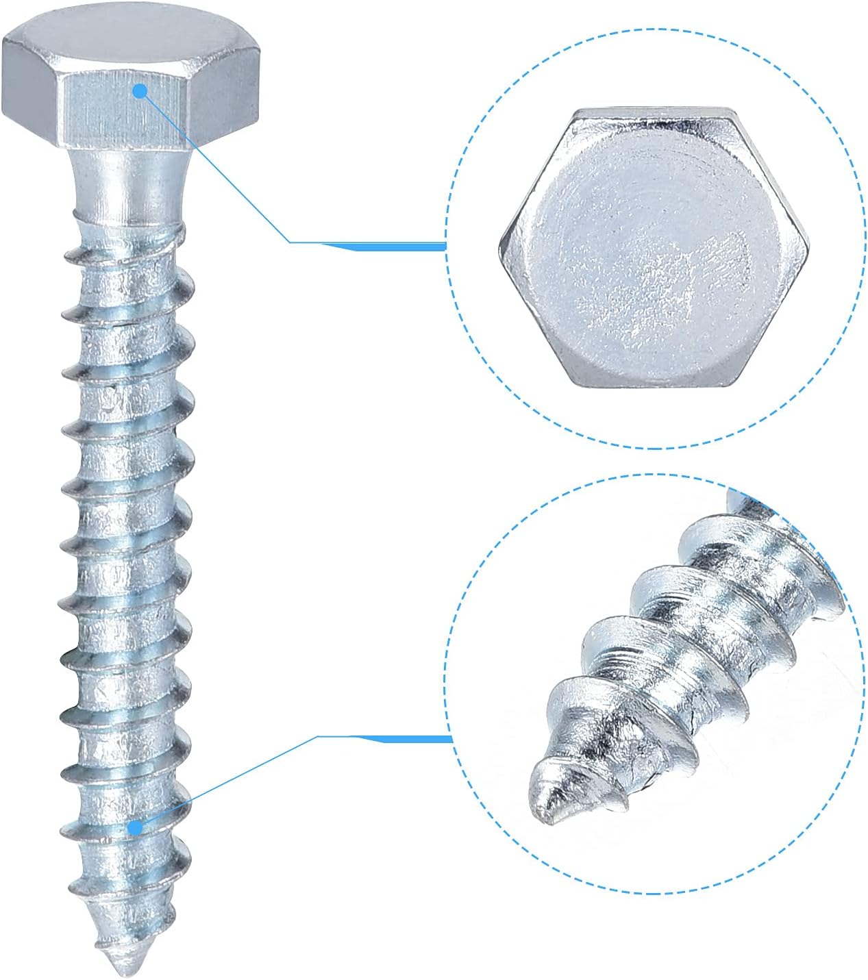 sourcing map Hex Lag Screws, M6 x 40mm Carbon Steel Zinc Plated Full Thread Self-Tapping Bolts for Wood Screw 50Pcs - Image 4