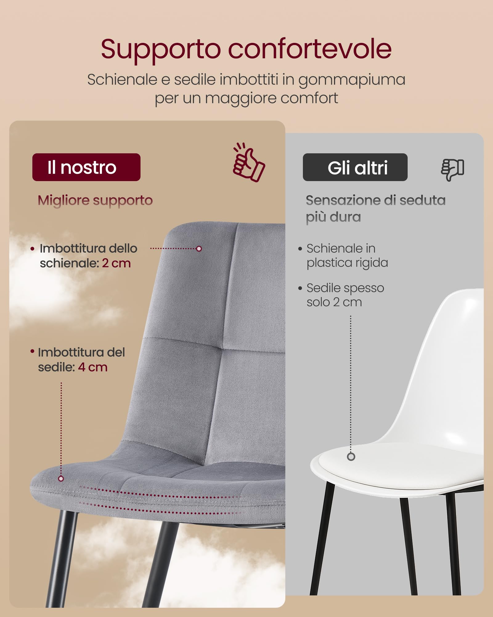 VASAGLE Sedie da Pranzo in Velluto, Portata 120 kg Ciascuna, Sedie da Cucina Imbottite con Piedini Regolabili, Moderno, per Soggiorno, Set di 4, Grigio Ardesia KDC080GN01