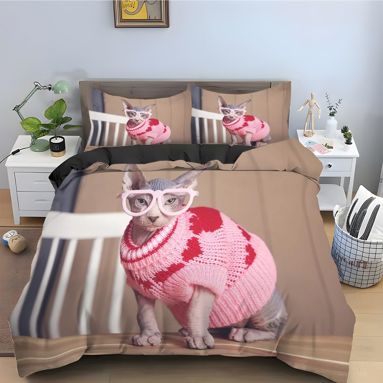 Housse de couette 240x260 chat sphynx en microfibre douce avec taies