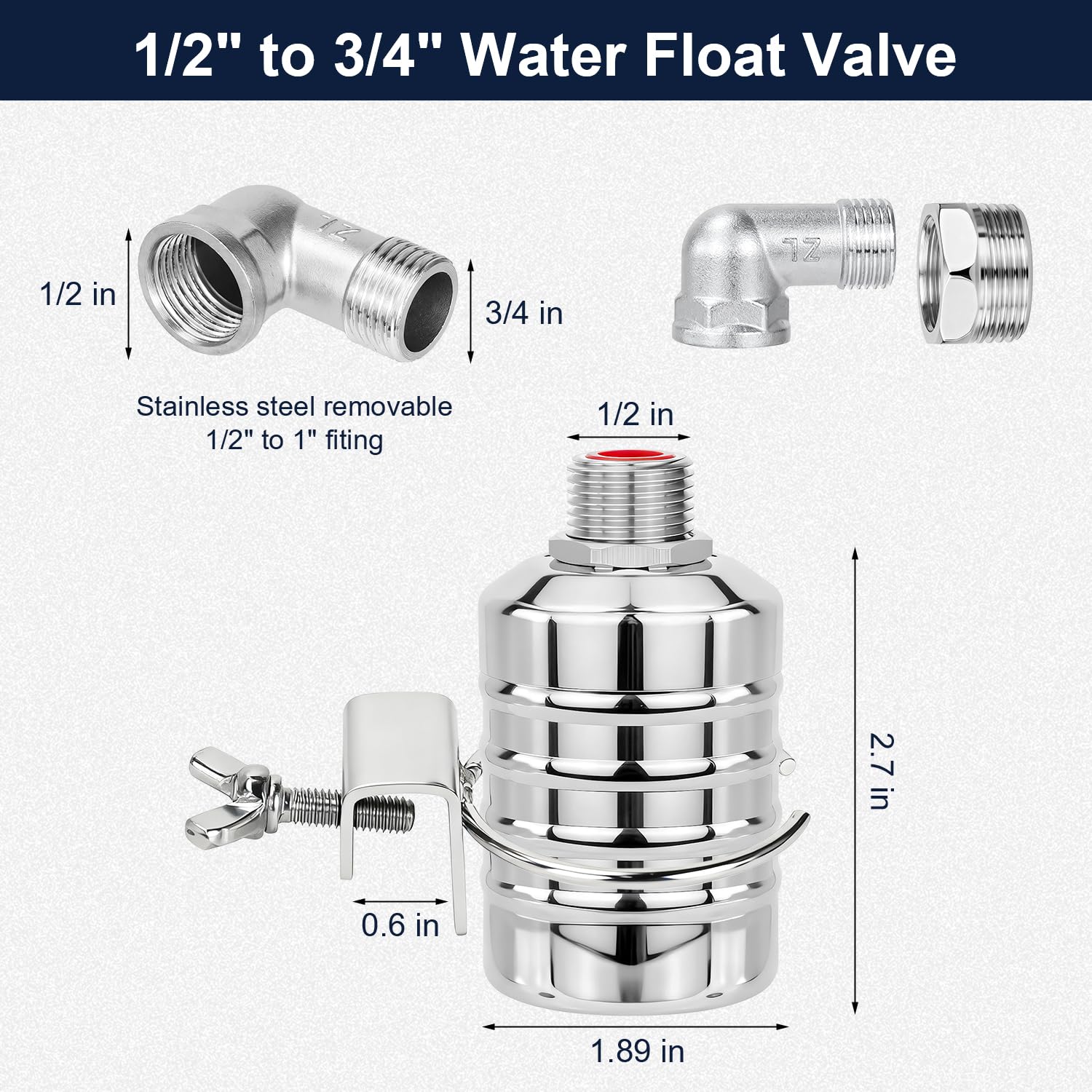 Confezione da 4 valvole galleggianti in acciaio inox, valvola di controllo automatica del livello dell'acqua da 1/2" a 3/4", ingresso superiore/laterale, spegnimento automatico del serbatoio