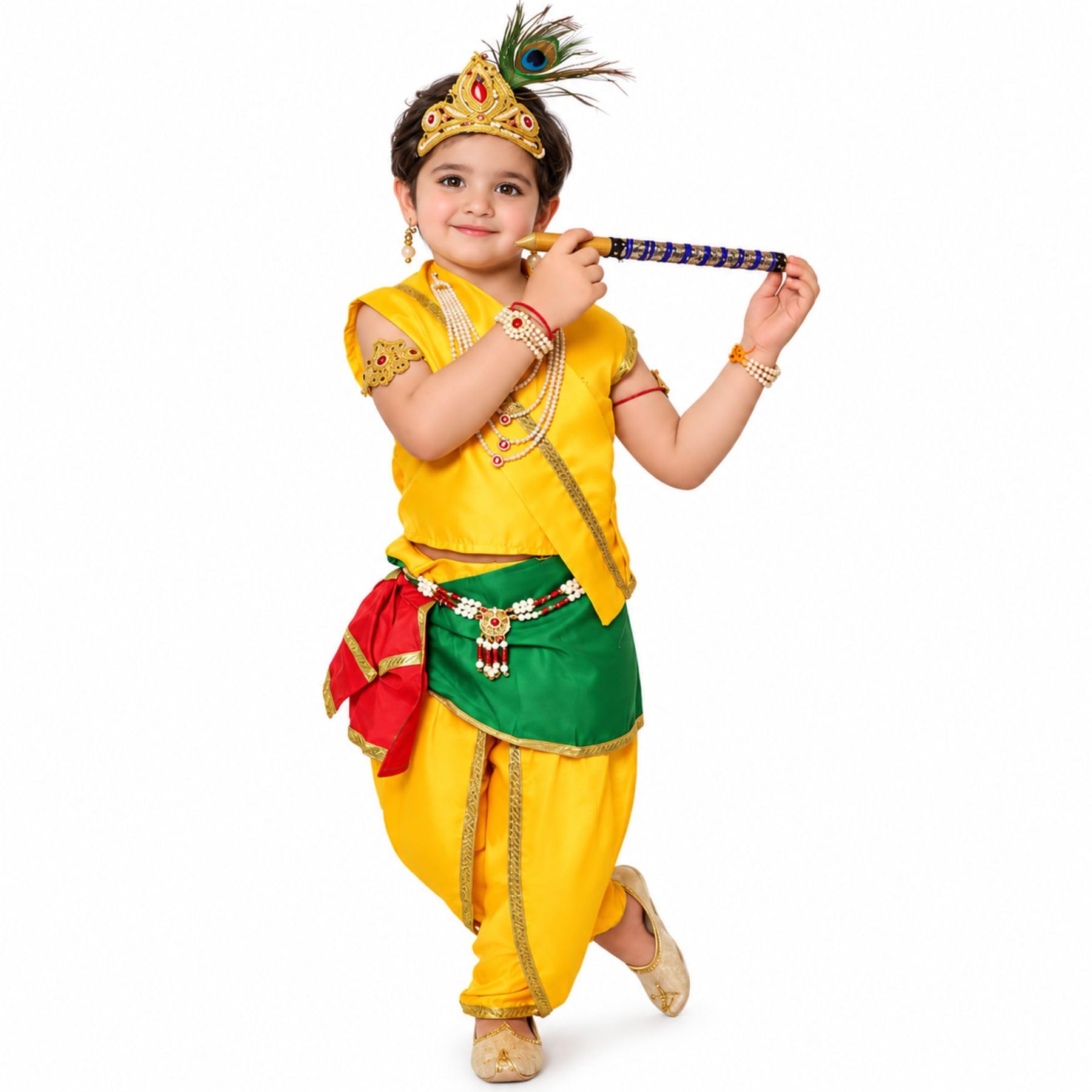 Kaku Fancy Dresses Krishna Costume with Dhoti for Boy/Janmashtami/Bal Gopal Dress/Kanha Costume/Bal Krishna/Mythological Costume for Boy - Yellow-Red, 1-2 Years