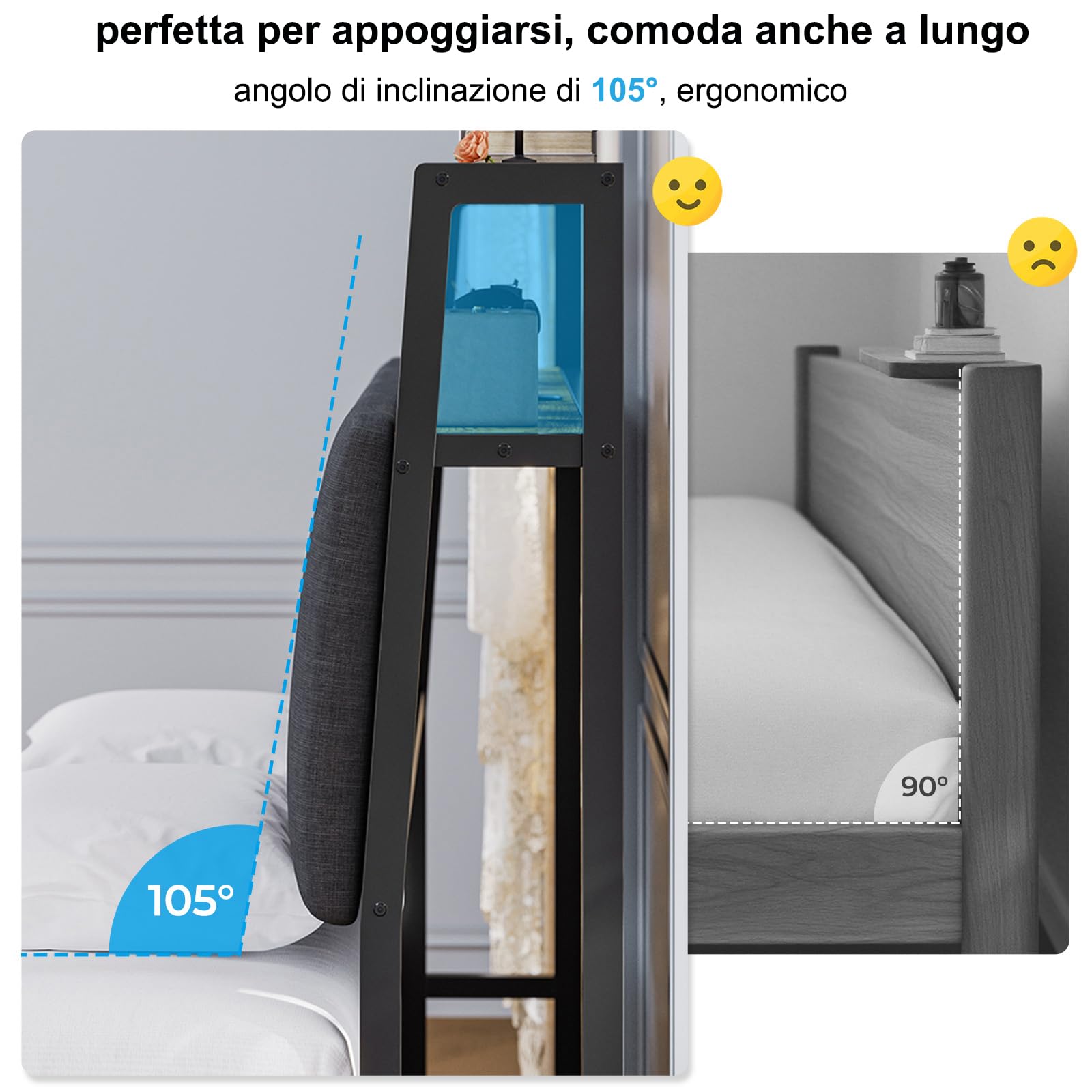 Brinlawb Letto Imbottito 120x200 cm, Struttura letto con Luce LED e Stazione di Ricarica (2 Prese CA 2 Porte USB) Struttura letto con piattaforma in metallo, Facile da montare, Moderno, Nero e Grigio